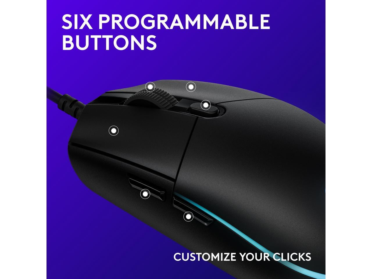 Logitech G203 Wired Gaming Mouse, 8,000 DPI, Rainbow Optical Effect LIGHTSYNC RGB, 6 Programmable Buttons, On-Board Memory, Screen Mapping, PC/Mac Computer and Laptop Compatible - Black image 3
