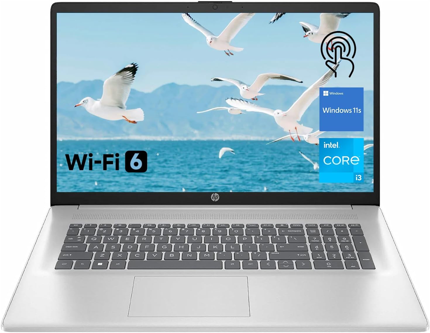 HP Premium 17.3" Touchscreen Laptop, 8-Cores Intel Core i3-N305, 16GB RAM, 128GB eMMC + 1TB SSD, Webcam, HDMI, Wi-Fi 6, Windows 11 S, Silver image 1