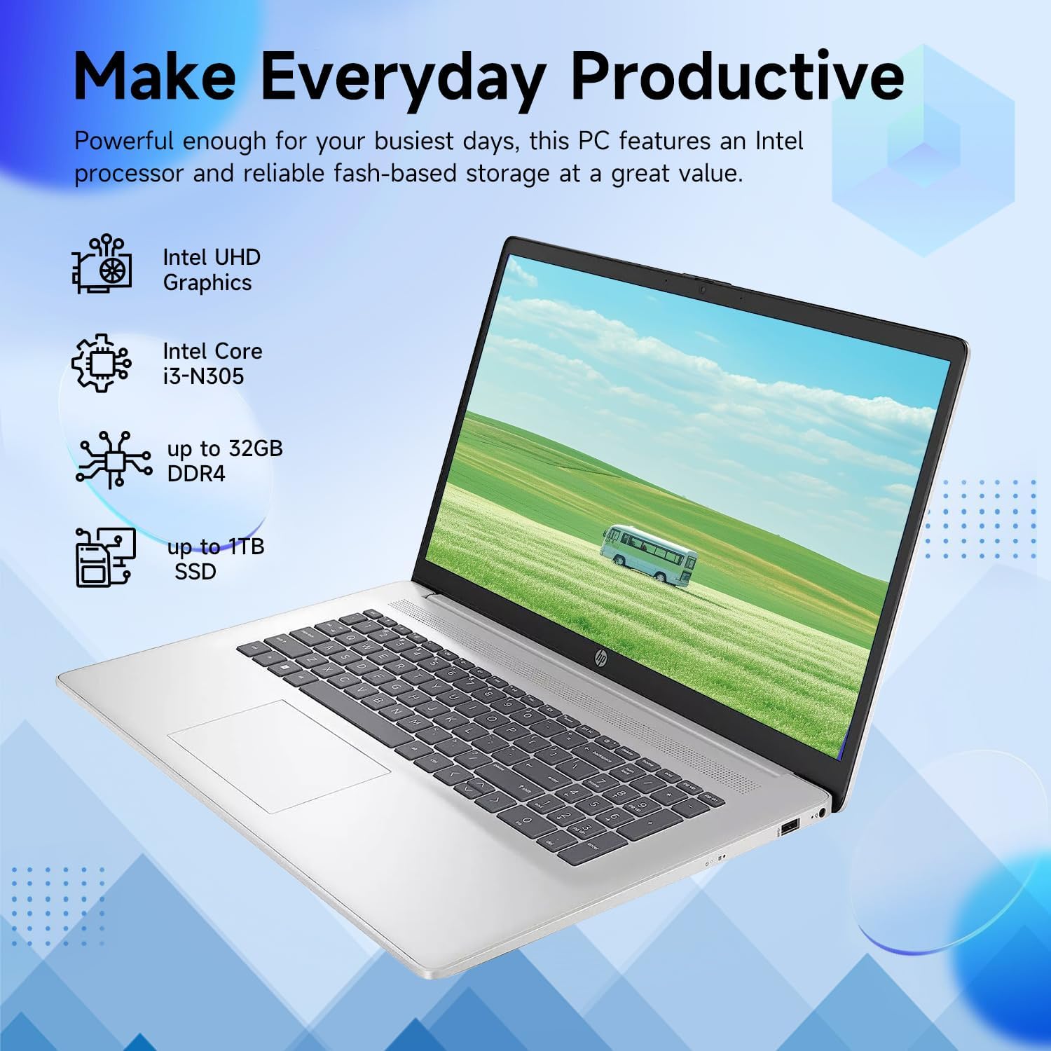 HP Premium 17.3" Touchscreen Laptop, 8-Cores Intel Core i3-N305, 16GB RAM, 128GB eMMC + 1TB SSD, Webcam, HDMI, Wi-Fi 6, Windows 11 S, Silver image 2