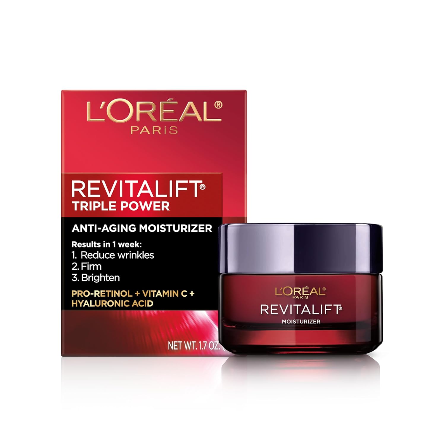 L'Oreal Paris Revitalift Triple Power Anti-Aging Face Moisturizer, Pro Retinol, Hyaluronic Acid & Vitamin C to Reduce Wrinkles, Firm & Brighten Skin, 1.7 Oz image 1