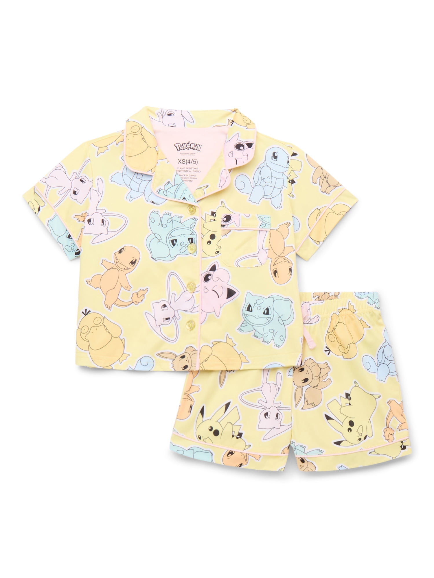 Pokemon Girls' Button Front Top and Shorts Pajama Set, 2-Piece, Sizes 4-12 image 1