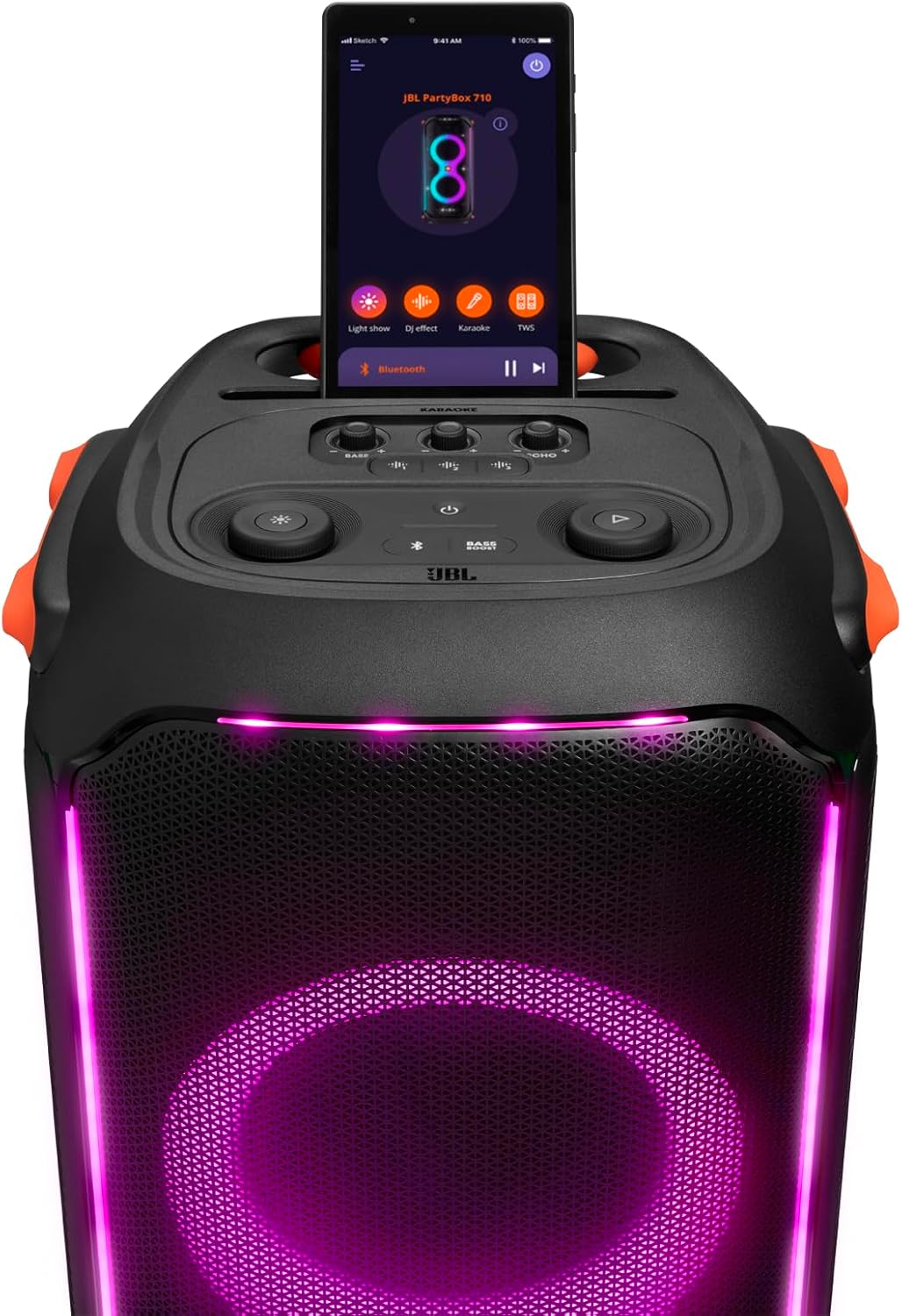 JBL PartyBox 710 -Party Speaker with Powerful Sound, Built-in Lights and Extra Deep Bass, IPX4 Splash Proof, App/Bluetooth Connectivity, Made for Everywhere a Handle Wheels (Black) image 8