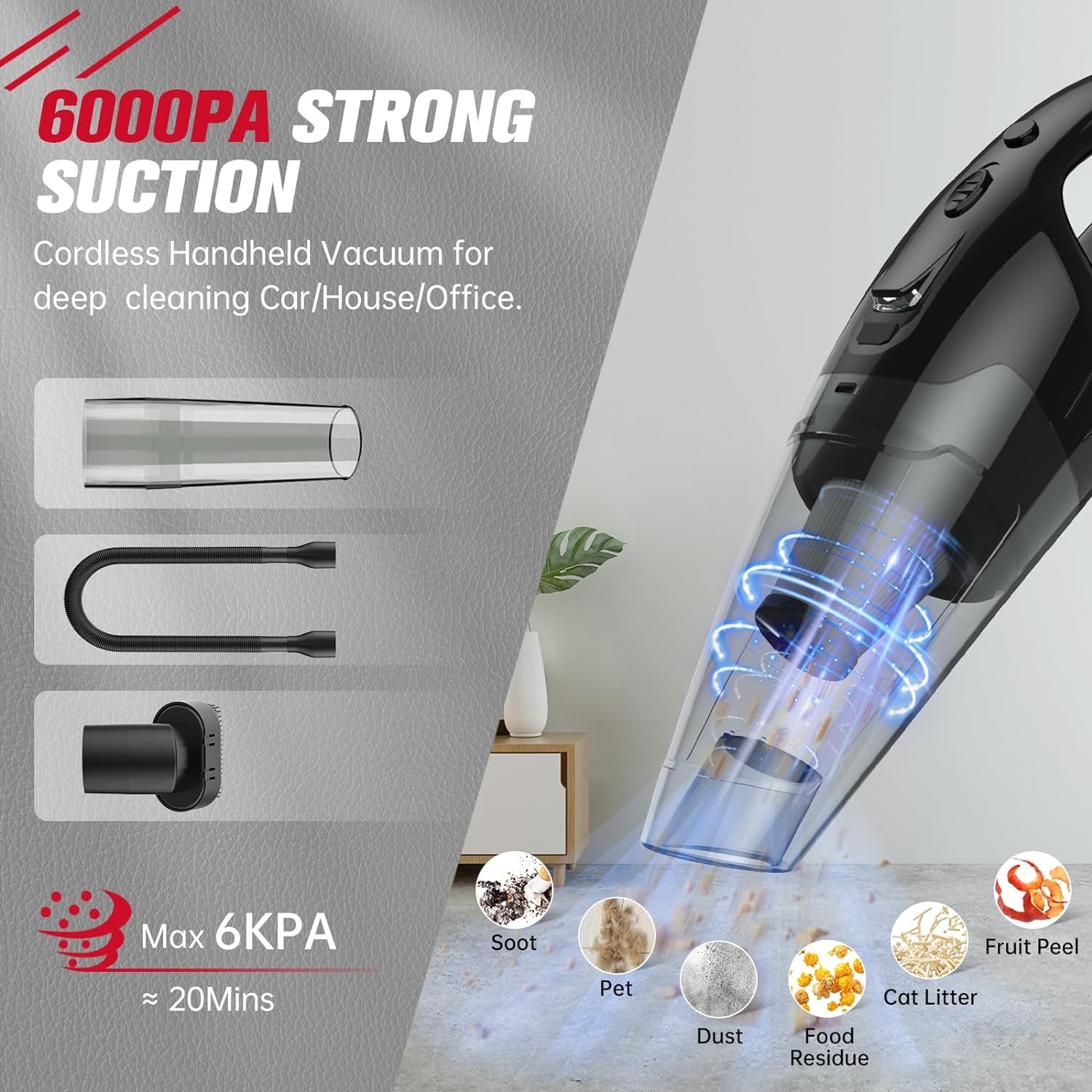 Handheld Vacuum Cordless Rechargeable, Car Vacuum Cleaner with LED, USB Charge, 1.65LBs Hand Vacuum Cordless, for Car/Home/Pet image 4