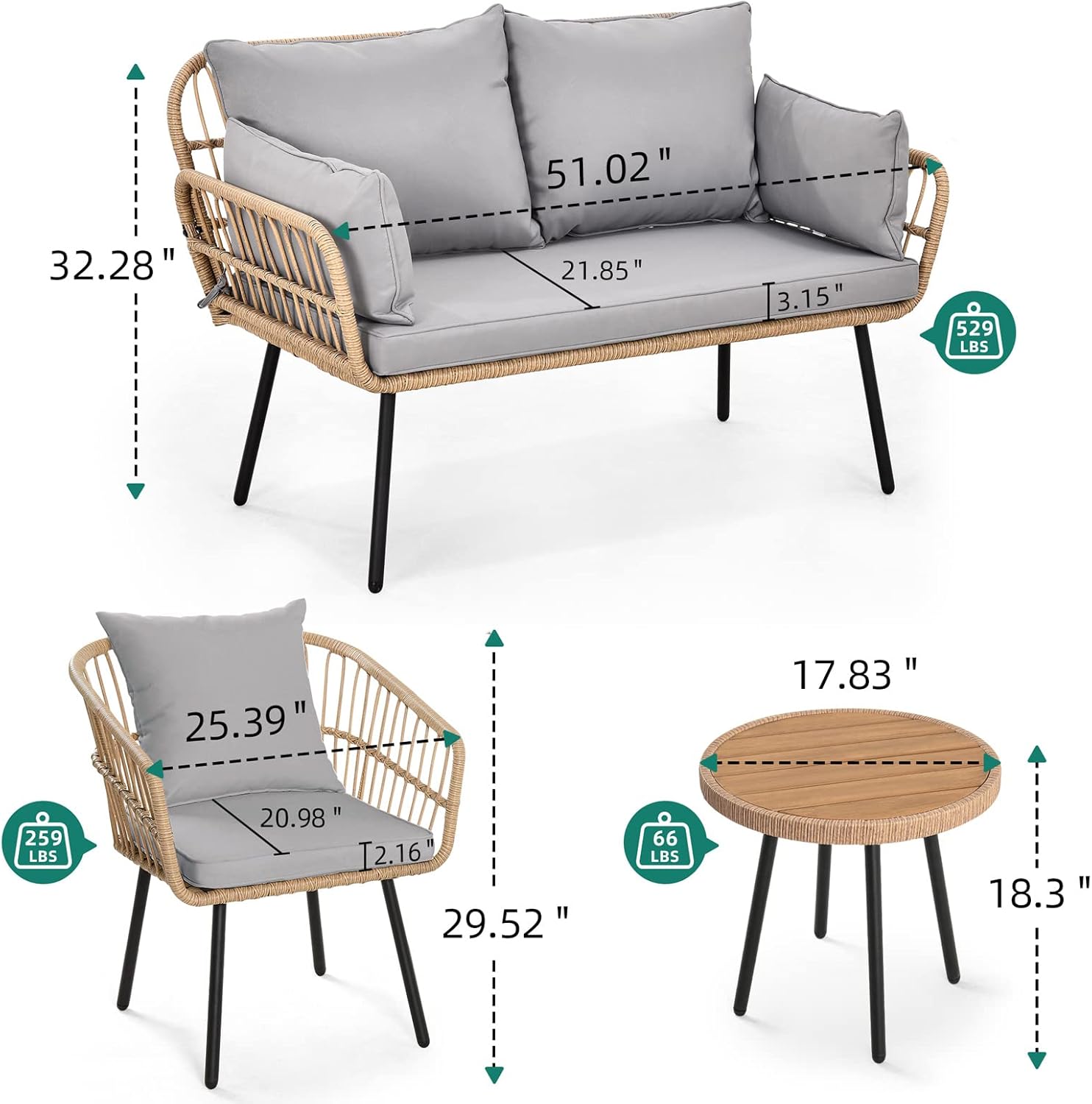 YITAHOME 4 Pieces Patio Furniture Set, Outdoor Wicker Patio Conversation Set, All-Weather Rattan Bistro Set with Loveseat Chairs Table Soft Cushions for Garden, Porch, Backyard - Grey image 2