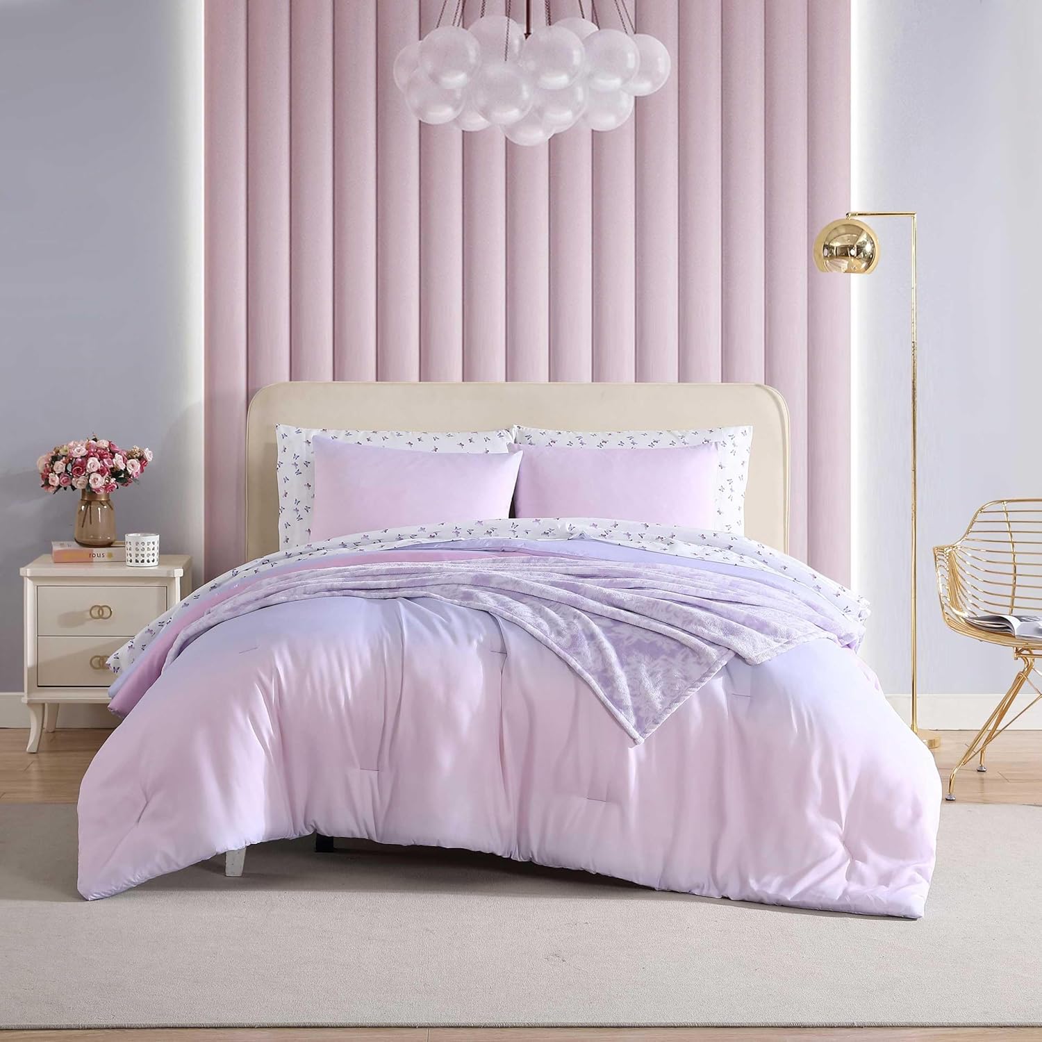 Betsey Johnson - Comforter Set, Super Soft Bedding with Matching Sham & Sheets, Includes Bonus Pillowcase & Reversible Plush Throw (Ombre Purple, Full) image 1