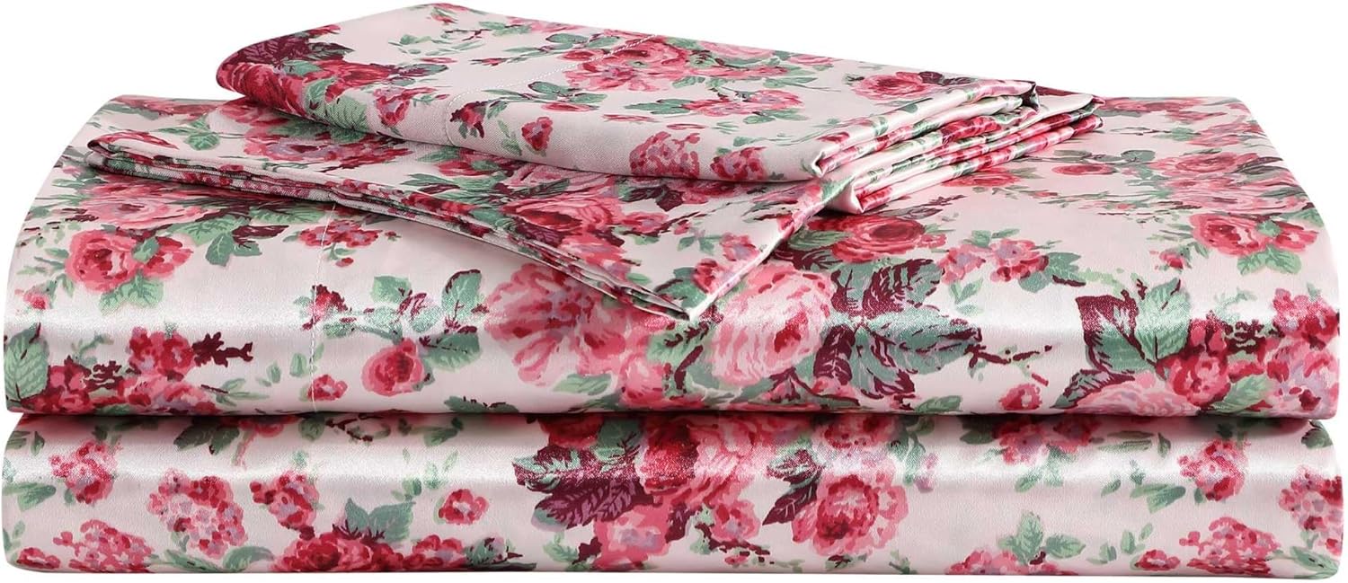 Betsey Johnson - Queen Bed Sheets, Satin Bedding Set with Matching Shams, Smooth & Silky, Chic Room Essentials (Vintage Floral Pink, Queen) image 1