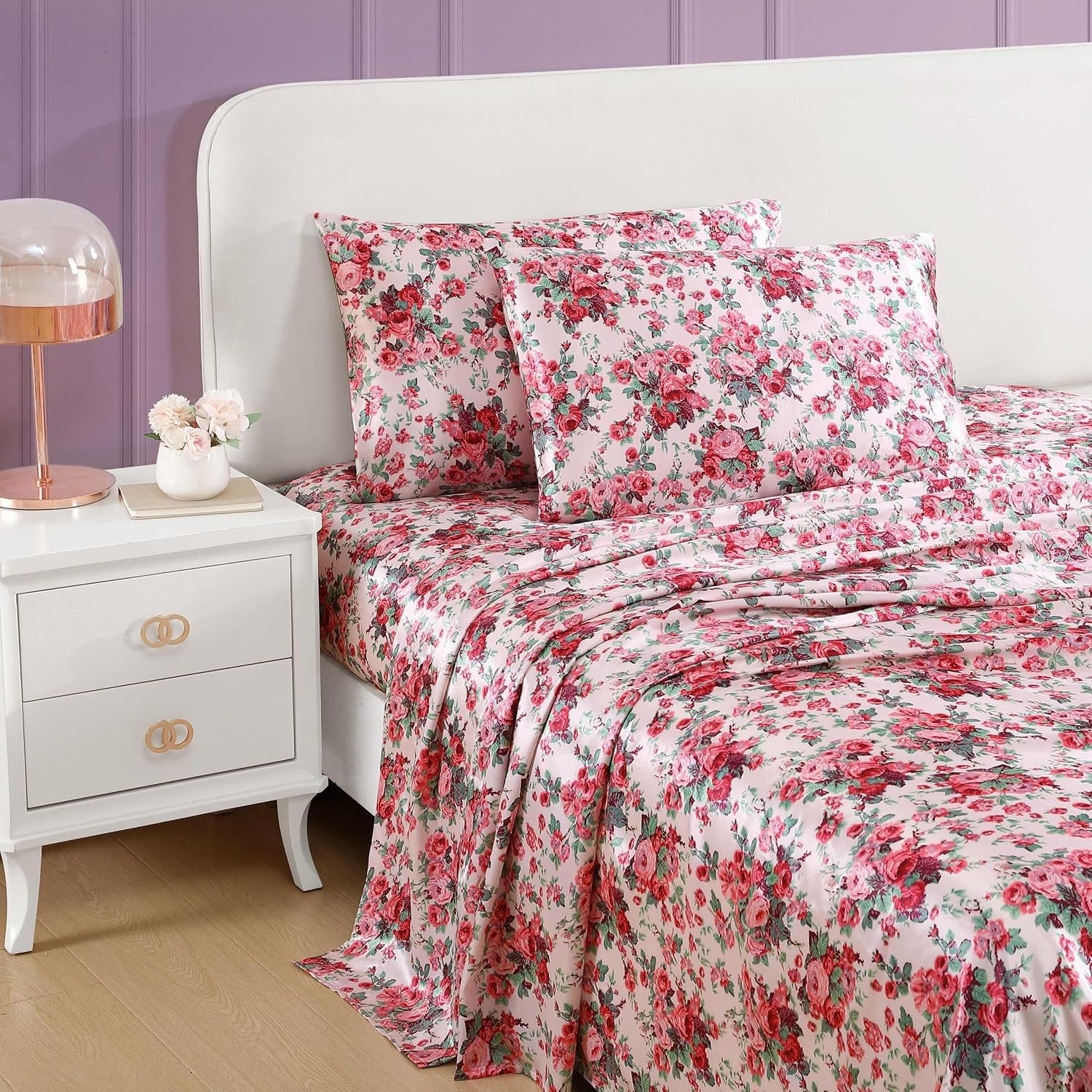 Betsey Johnson - Queen Bed Sheets, Satin Bedding Set with Matching Shams, Smooth & Silky, Chic Room Essentials (Vintage Floral Pink, Queen) image 2