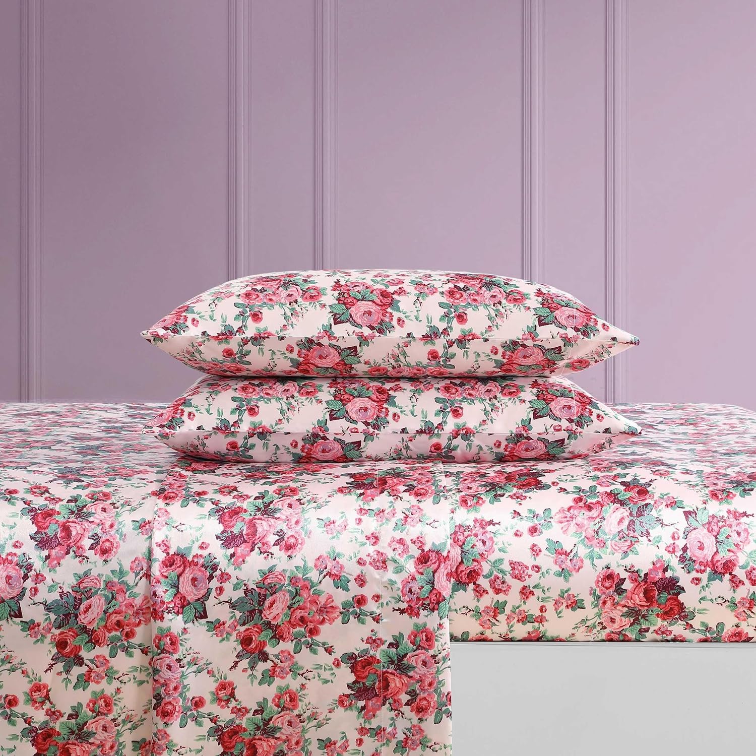 Betsey Johnson - Queen Bed Sheets, Satin Bedding Set with Matching Shams, Smooth & Silky, Chic Room Essentials (Vintage Floral Pink, Queen) image 4