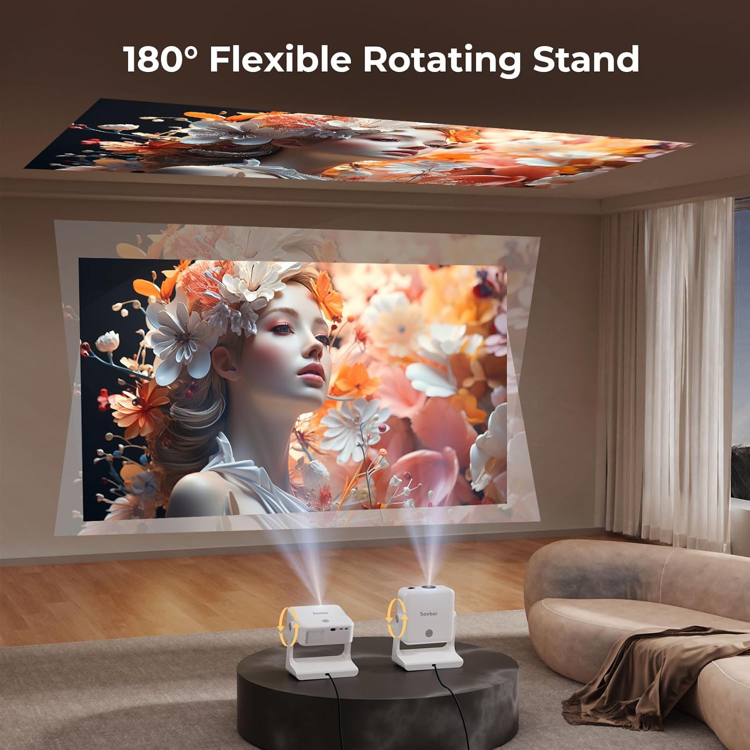[1200 ANSI/Google Store/Voice Control] 4K Outdoor Smart Projector with WiFi6 and Bluetooth, 10,000+ Apps, Portable Proyector, Sovboi 1080P Audio Phone Movie Home [180° Stand & 300 ''Display] image 6