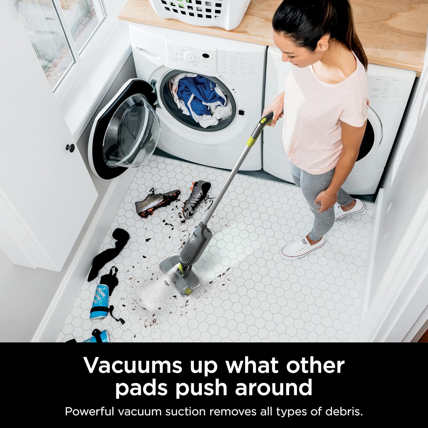 Shark VACMOP Pro Cordless Hard Floor Cleaner, Vacuum and Spray Mop, Powerful Suction, Lightweight, LED Headlights, Includes 4 Disposable Pads, 12oz Multi-surface Cleaning Solution, Gray, VM252 image 3
