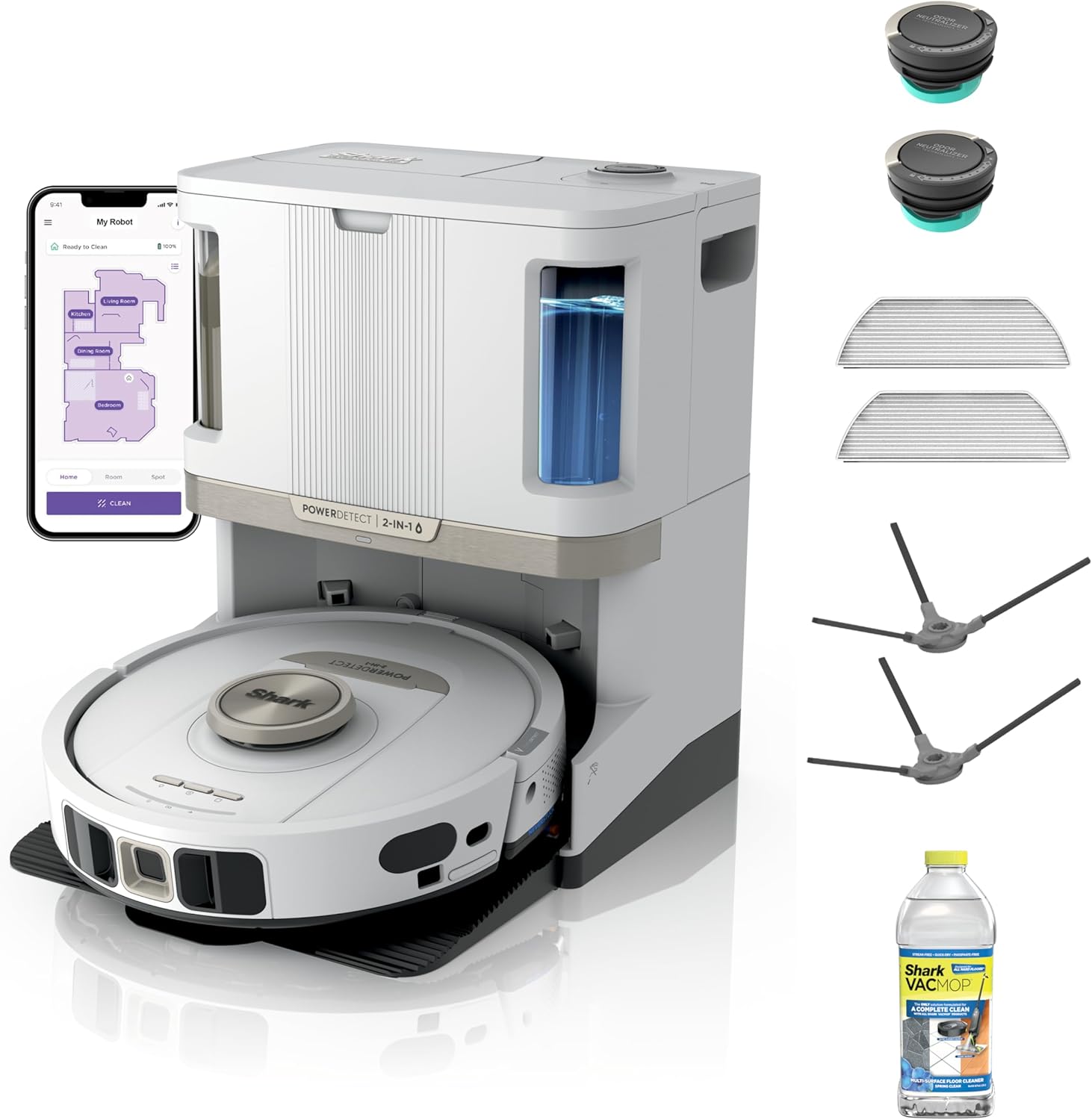 Shark Robot Vacuum & Mop Combo, PowerDetect NeverTouch Pro,Self-Emptying,Self-Refill with Self-Clean Pad Wash & Dry, 60-Day Debris Capacity,30-Day Refill Tank, 5PowerDetect Technologies,White,AV2800ZE image 1