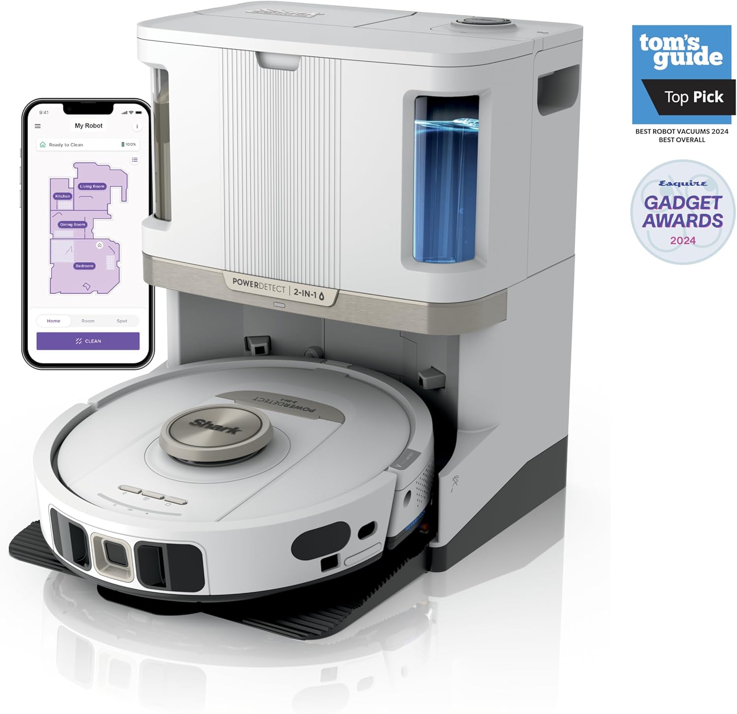 Shark Robot Vacuum & Mop Combo, PowerDetect NeverTouch Pro,Self-Emptying,Self-Refill with Self-Clean Pad Wash & Dry, 60-Day Debris Capacity,30-Day Refill Tank, 5PowerDetect Technologies,White,AV2800ZE image 2