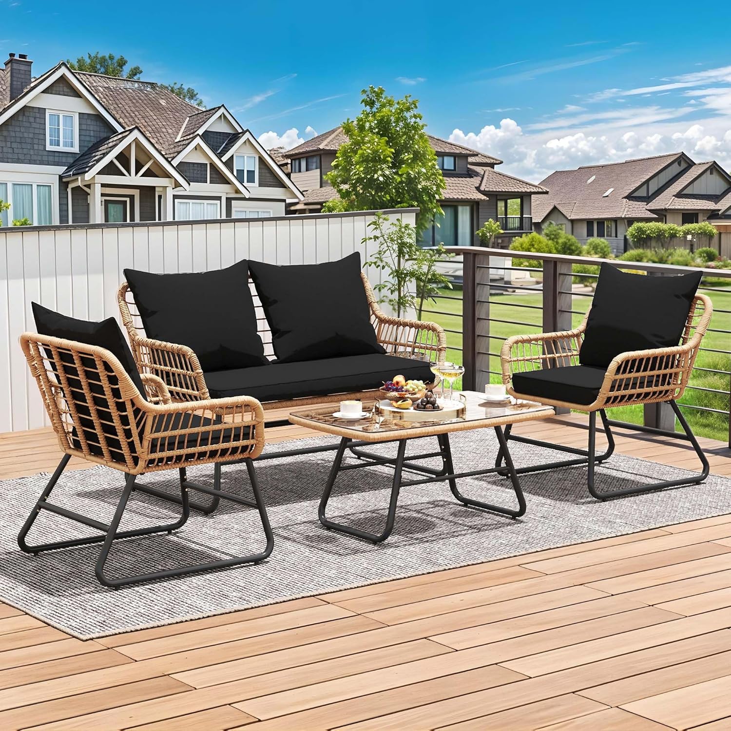 YITAHOME 4-Piece Patio Furniture Wicker Outdoor Bistro Set, All-Weather Rattan Conversation Loveseat Chairs for Backyard, Balcony and Deck with Soft Cushions and Metal Table, Light Brown+Black image 1