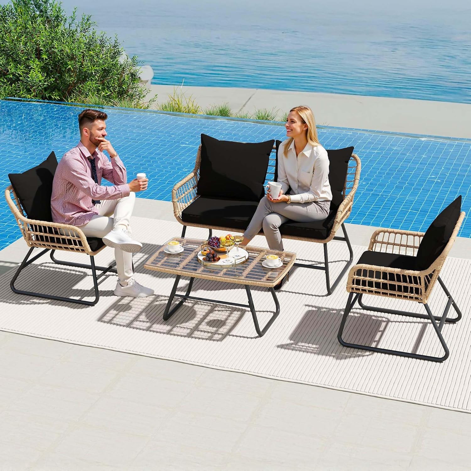 YITAHOME 4-Piece Patio Furniture Wicker Outdoor Bistro Set, All-Weather Rattan Conversation Loveseat Chairs for Backyard, Balcony and Deck with Soft Cushions and Metal Table, Light Brown+Black image 2