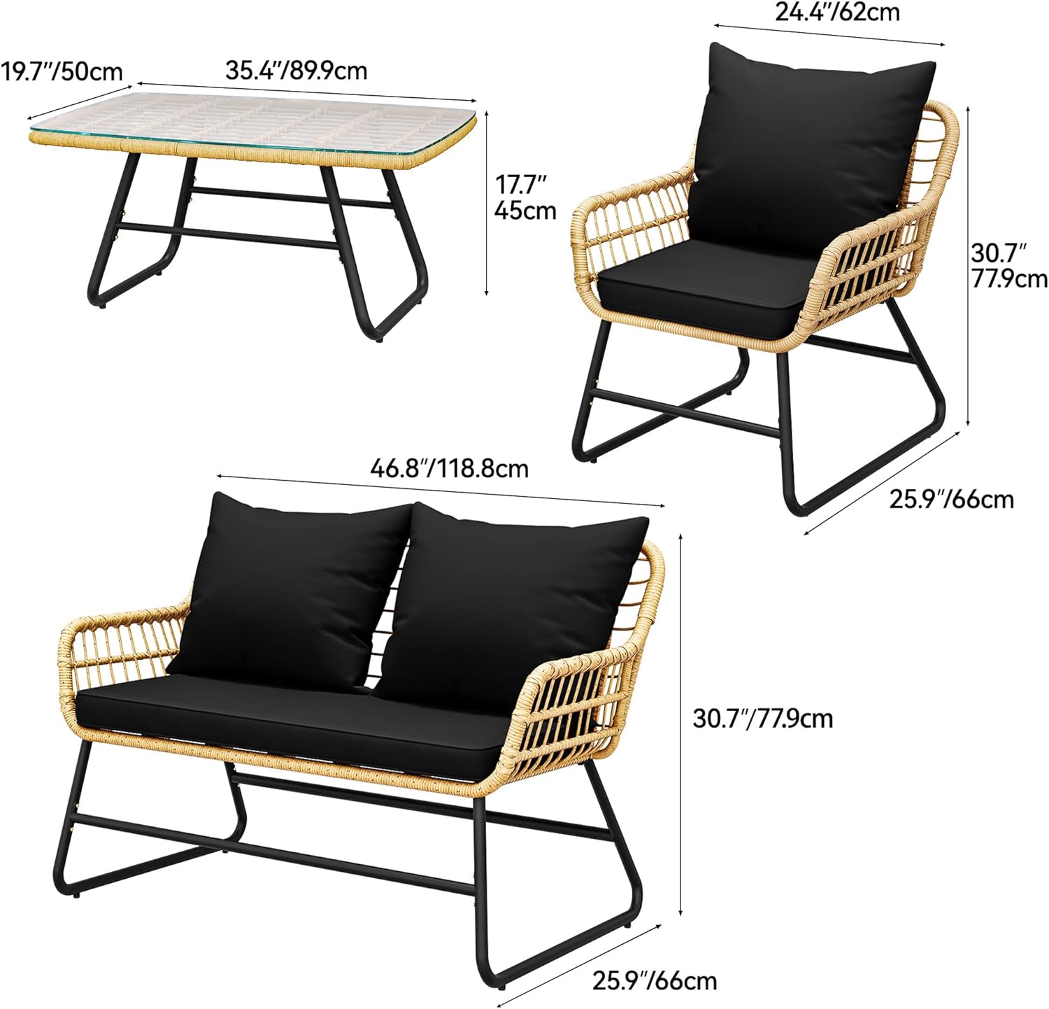 YITAHOME 4-Piece Patio Furniture Wicker Outdoor Bistro Set, All-Weather Rattan Conversation Loveseat Chairs for Backyard, Balcony and Deck with Soft Cushions and Metal Table, Light Brown+Black image 4