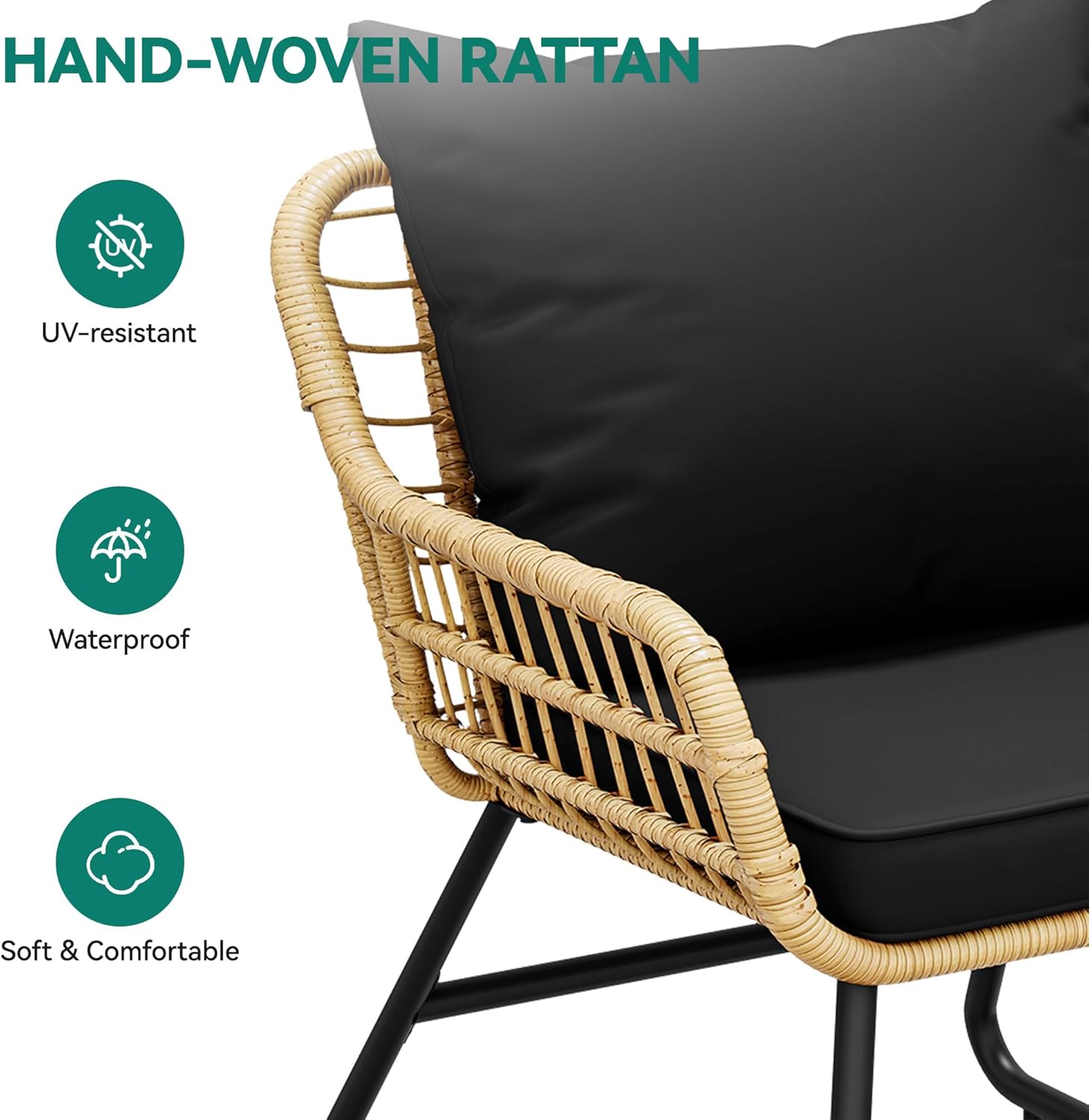 YITAHOME 4-Piece Patio Furniture Wicker Outdoor Bistro Set, All-Weather Rattan Conversation Loveseat Chairs for Backyard, Balcony and Deck with Soft Cushions and Metal Table, Light Brown+Black image 5