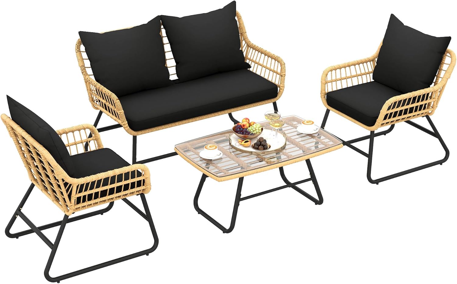 YITAHOME 4-Piece Patio Furniture Wicker Outdoor Bistro Set, All-Weather Rattan Conversation Loveseat Chairs for Backyard, Balcony and Deck with Soft Cushions and Metal Table, Light Brown+Black image 8