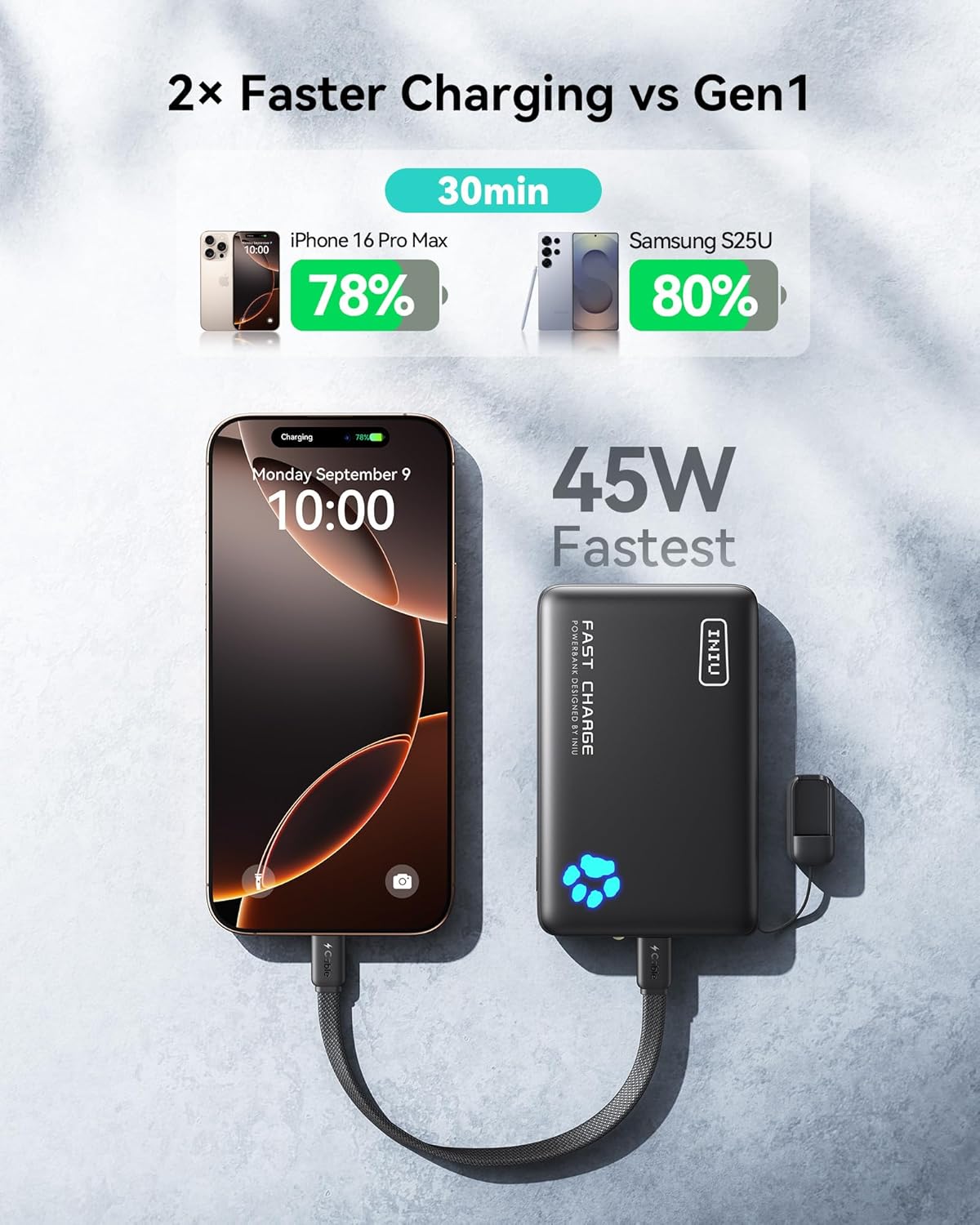 INIU Portable Charger, Lightest 10000mAh 45W PD Power Bank, USB C in&Out Fast Charging Battery Pack, External Phone Powerbank Compatible with iPhone 16 15 14 13 Samsung S22 S21 Google iPad etc image 3