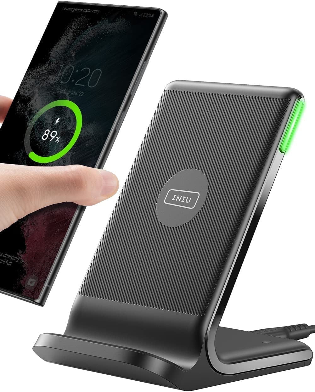 INIU Wireless Charger, 15W Fast Charging Station with Adaptive Light for iPhone and Samsung, Black image 1