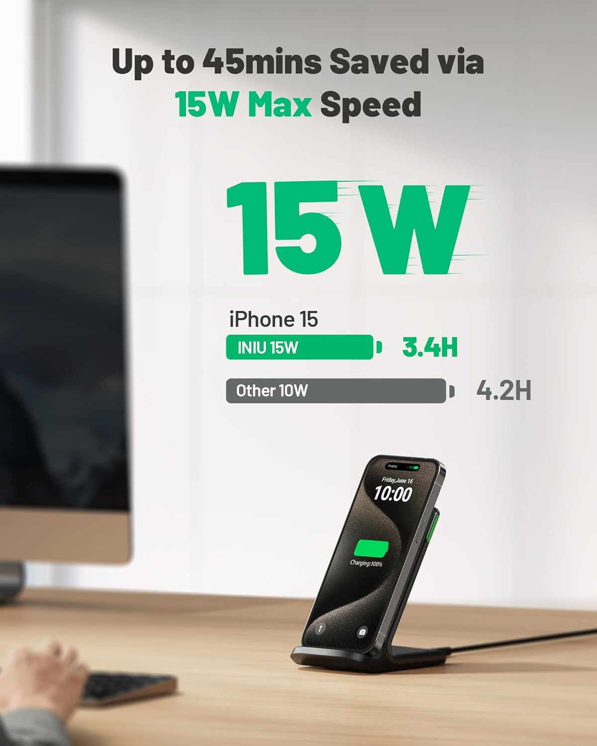 INIU Wireless Charger, 15W Fast Charging Station with Adaptive Light for iPhone and Samsung, Black image 3