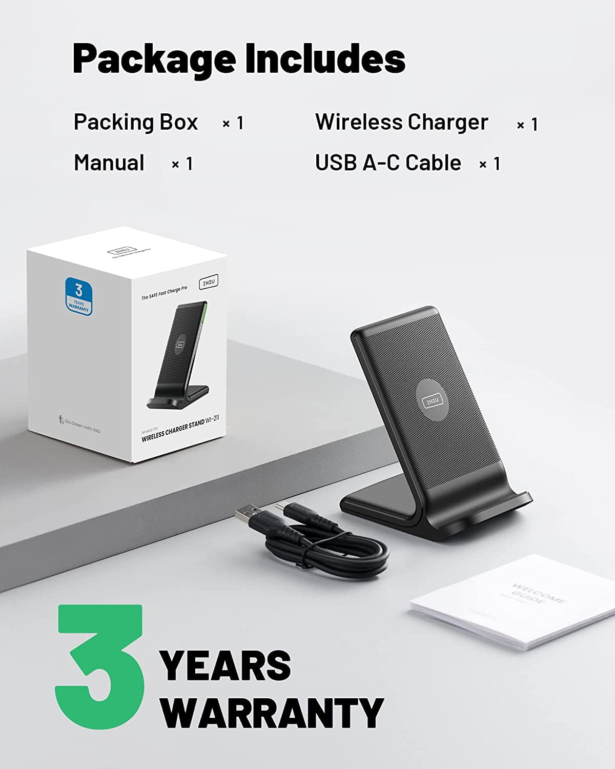 INIU Wireless Charger, 15W Fast Charging Station with Adaptive Light for iPhone and Samsung, Black image 8