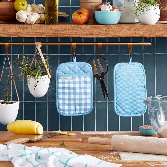 KitchenAid Gingham Pot Holder 2-Pack Set, Blue Velvet, 7"x10" image 2