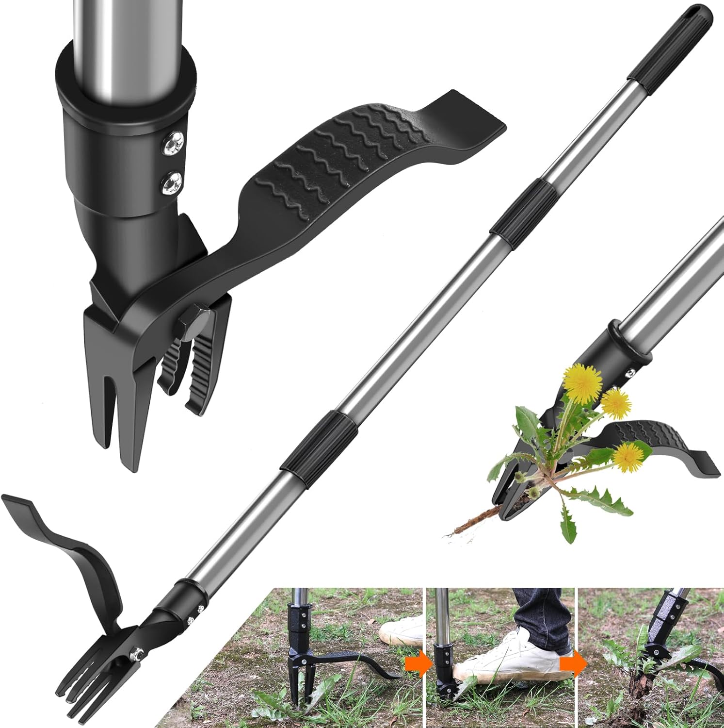 GOXAWEE Weed Puller Tool, 4-Claw Stand Up Weeder with Adjustable 46” Handle for Remove Weeds Without Bending, Pulling or Kneeling image 1