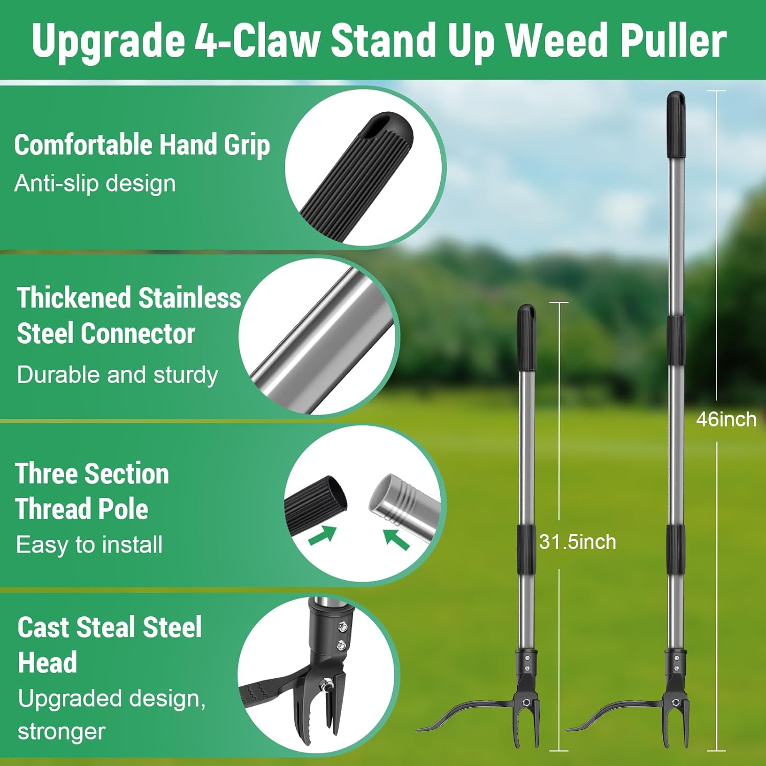 GOXAWEE Weed Puller Tool, 4-Claw Stand Up Weeder with Adjustable 46” Handle for Remove Weeds Without Bending, Pulling or Kneeling image 4