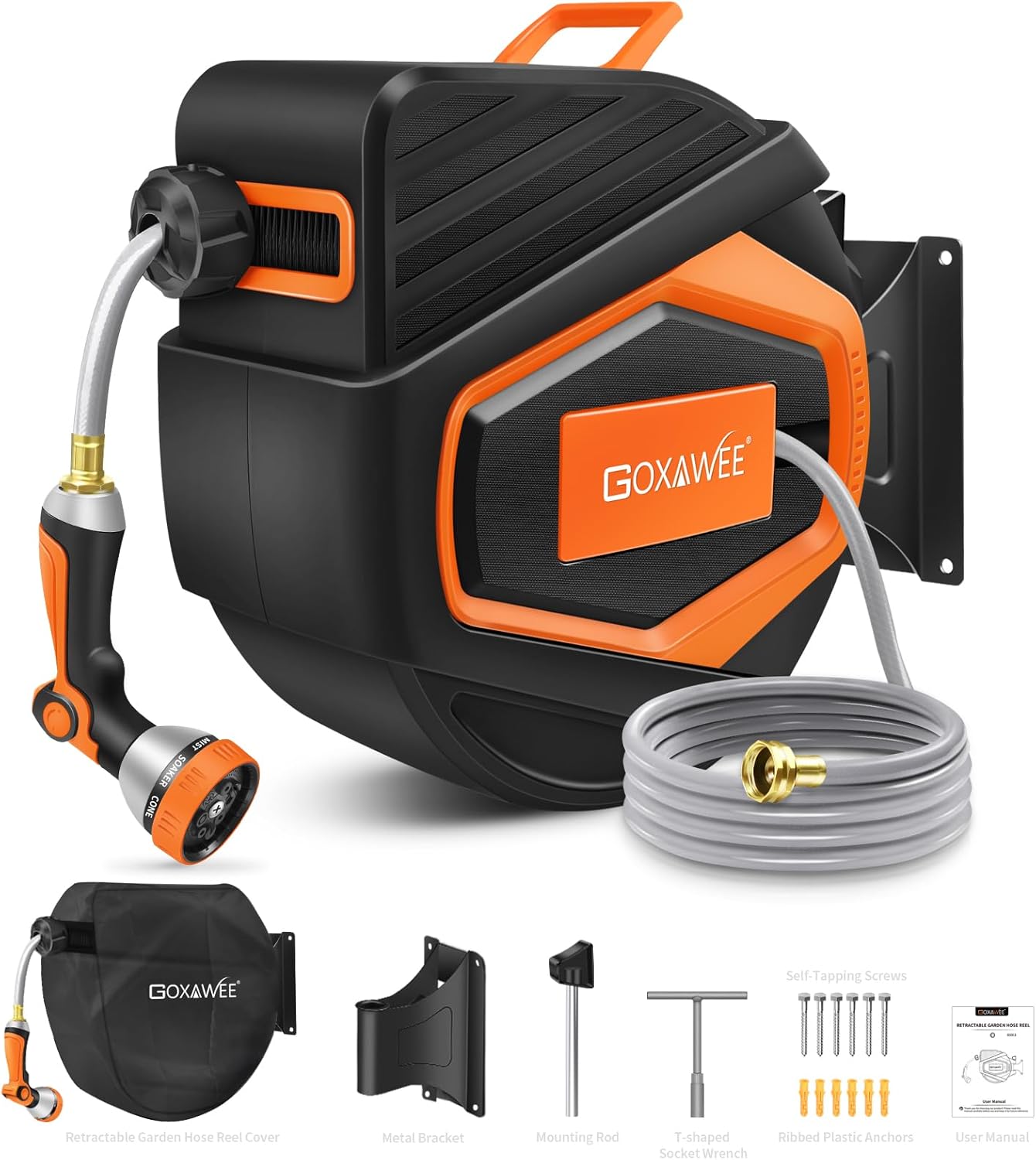 GOXAWEE Retractable Garden Hose Reel, 1/2" x 100 ft Upgraded UV Resistant Water Hose Reel Wall Mounted, Any Length Lock, Automatic Rewind, 180°Swivel Metal Bracket, Orange image 1