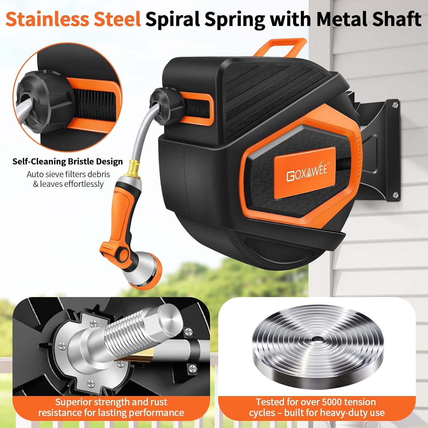 GOXAWEE Retractable Garden Hose Reel, 1/2" x 100 ft Upgraded UV Resistant Water Hose Reel Wall Mounted, Any Length Lock, Automatic Rewind, 180°Swivel Metal Bracket, Orange image 2