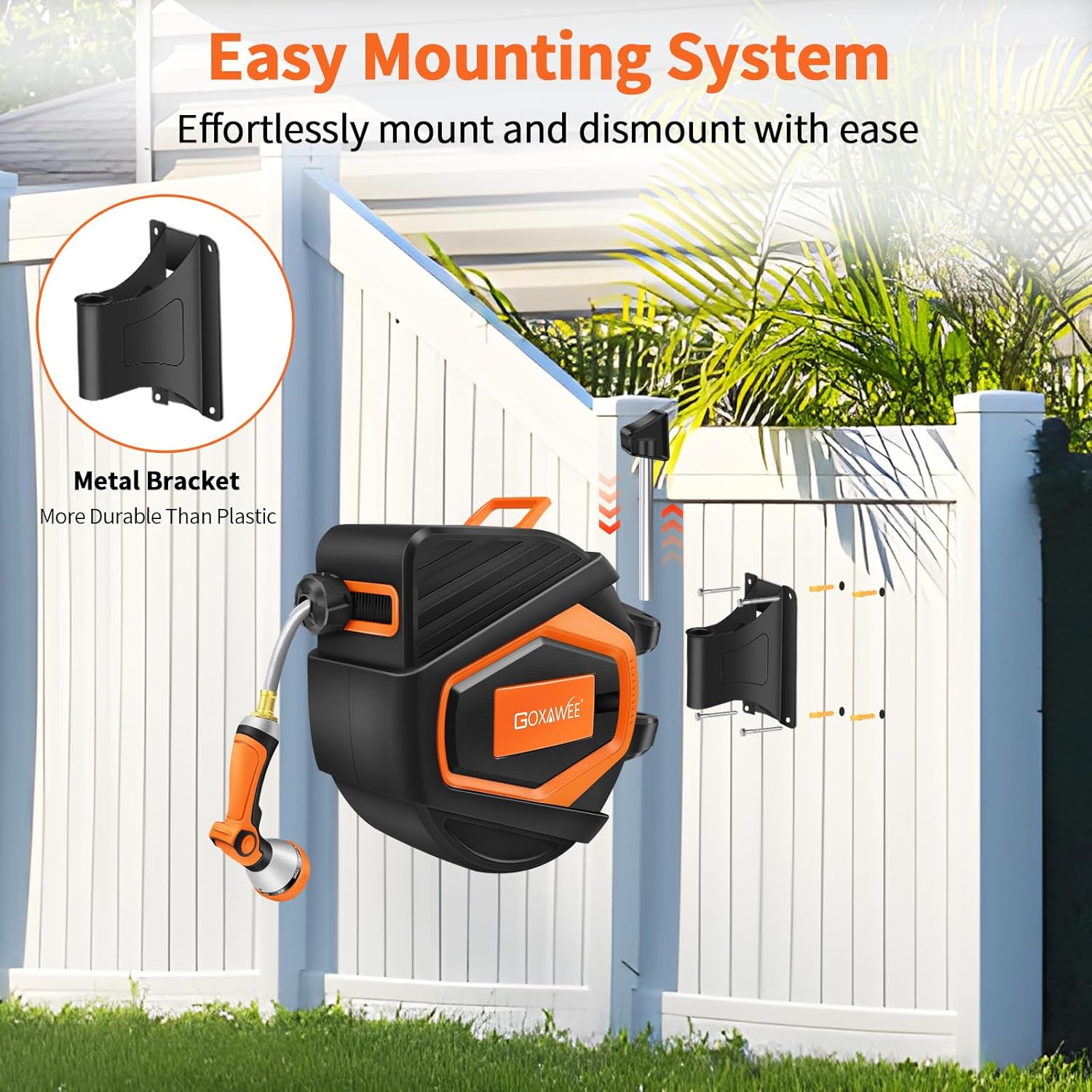 GOXAWEE Retractable Garden Hose Reel, 1/2" x 100 ft Upgraded UV Resistant Water Hose Reel Wall Mounted, Any Length Lock, Automatic Rewind, 180°Swivel Metal Bracket, Orange image 3