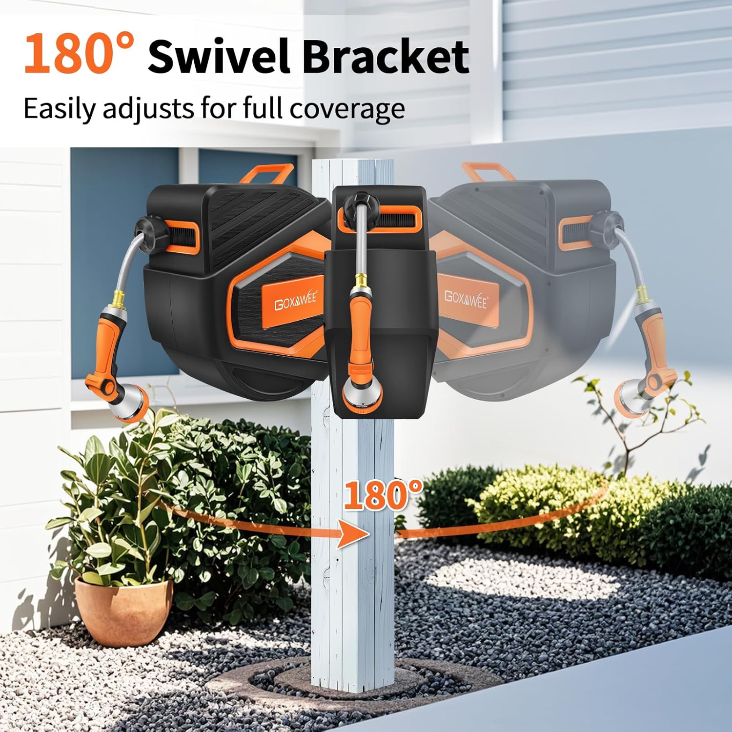 GOXAWEE Retractable Garden Hose Reel, 1/2" x 100 ft Upgraded UV Resistant Water Hose Reel Wall Mounted, Any Length Lock, Automatic Rewind, 180°Swivel Metal Bracket, Orange image 4