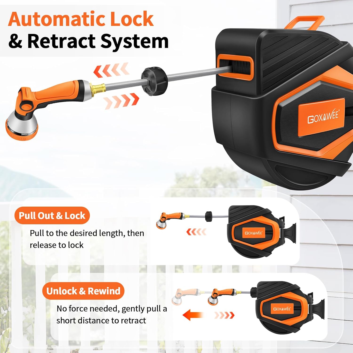 GOXAWEE Retractable Garden Hose Reel, 1/2" x 100 ft Upgraded UV Resistant Water Hose Reel Wall Mounted, Any Length Lock, Automatic Rewind, 180°Swivel Metal Bracket, Orange image 6