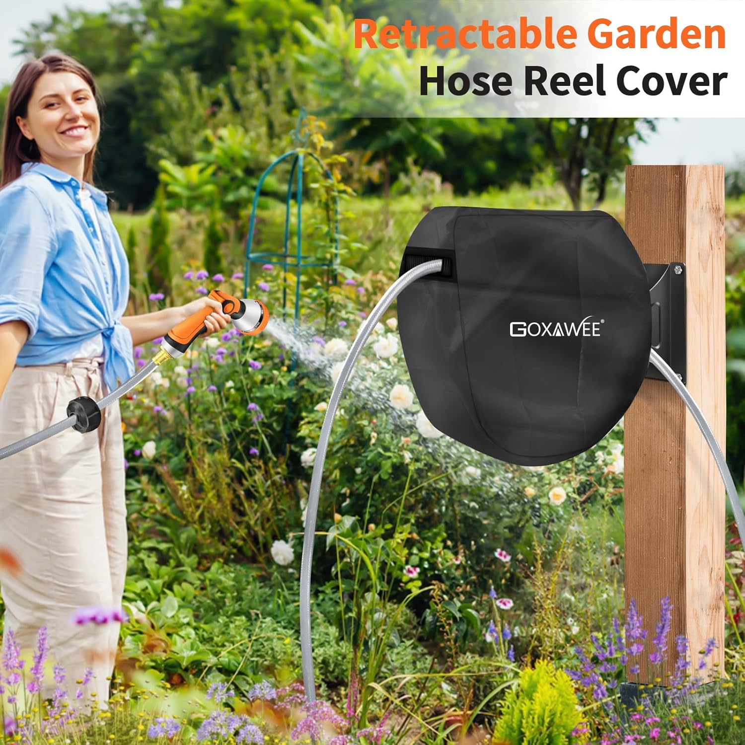 GOXAWEE Retractable Garden Hose Reel, 1/2" x 100 ft Upgraded UV Resistant Water Hose Reel Wall Mounted, Any Length Lock, Automatic Rewind, 180°Swivel Metal Bracket, Orange image 8