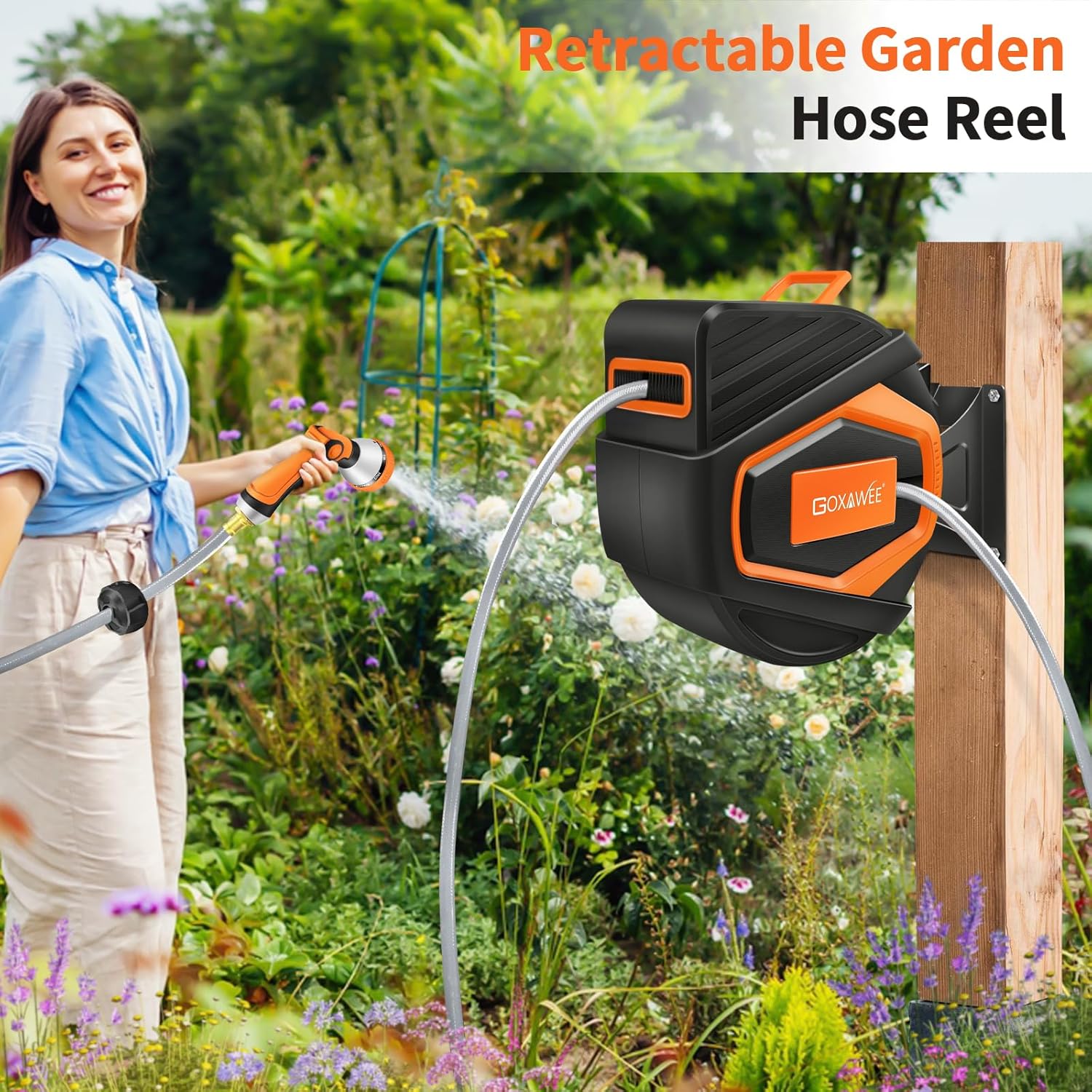 GOXAWEE Retractable Garden Hose Reel, 1/2" x 100 ft Upgraded UV Resistant Water Hose Reel Wall Mounted, Any Length Lock, Automatic Rewind, 180°Swivel Metal Bracket, Orange image 9