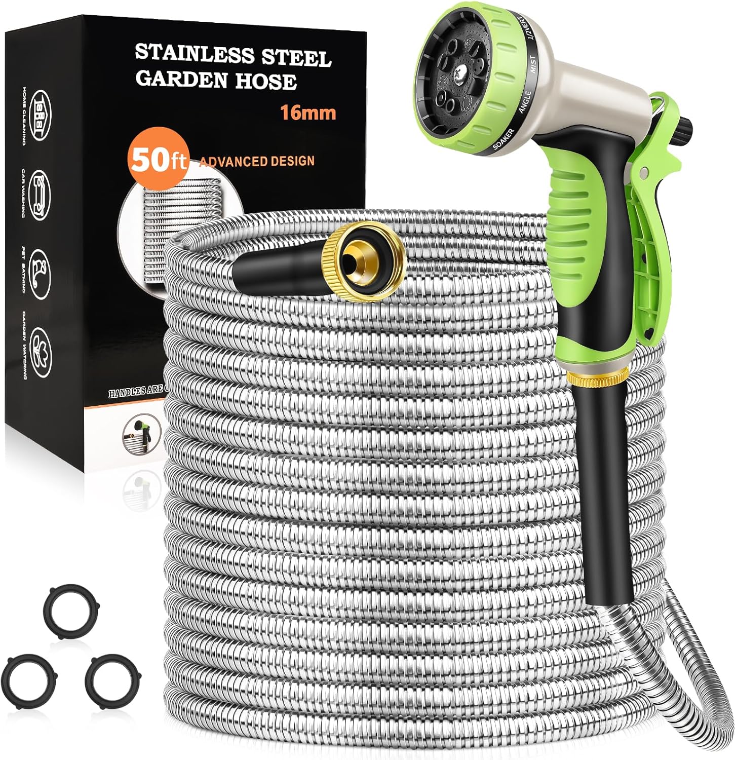 GOXAWEE Garden Hose 50FT, Stainless Steel Heavy Duty Water Hose With 10 Function Nozzle, No-Kink, Tough & Flexible, Sturdy and Lightweight, Rust Proof for Yard, Outdoor, RV image 1