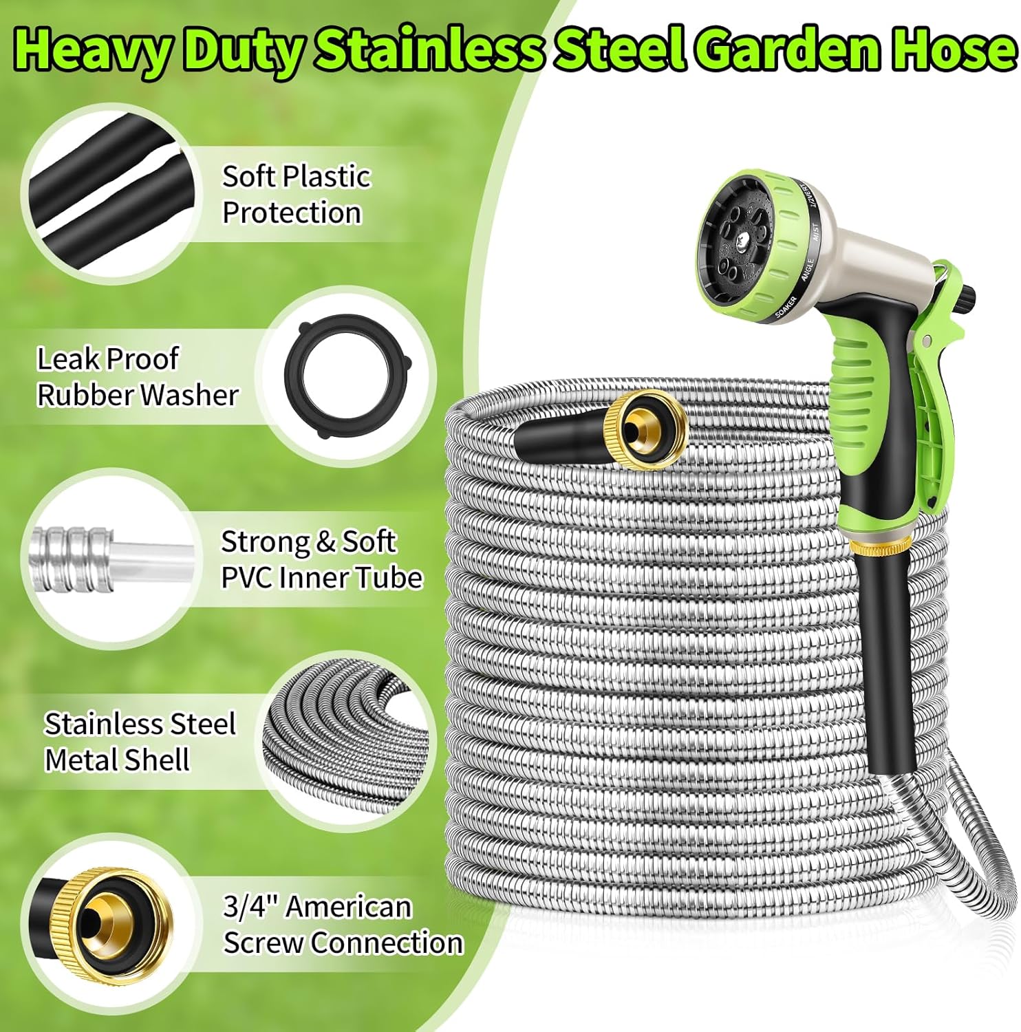 GOXAWEE Garden Hose 50FT, Stainless Steel Heavy Duty Water Hose With 10 Function Nozzle, No-Kink, Tough & Flexible, Sturdy and Lightweight, Rust Proof for Yard, Outdoor, RV image 2