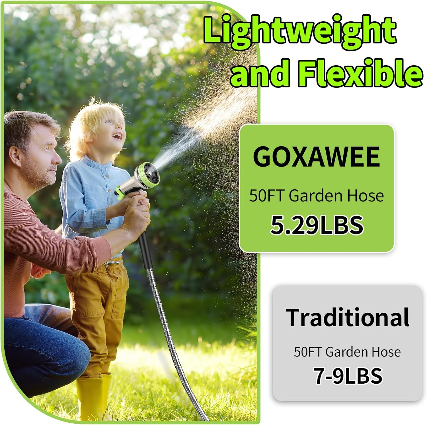 GOXAWEE Garden Hose 50FT, Stainless Steel Heavy Duty Water Hose With 10 Function Nozzle, No-Kink, Tough & Flexible, Sturdy and Lightweight, Rust Proof for Yard, Outdoor, RV image 3