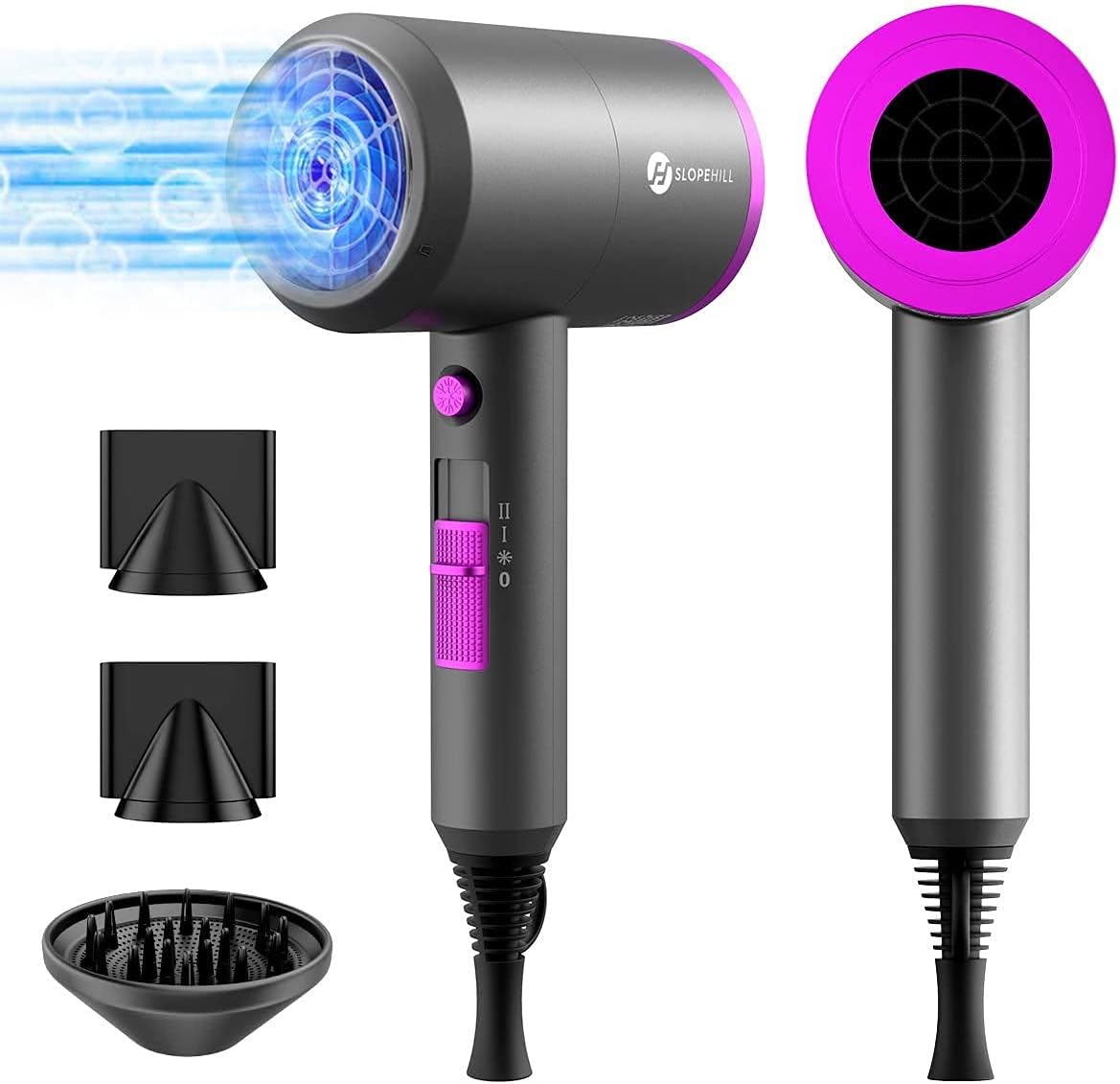 slopehill Professional Ionic Hair Dryer, Powerful 1800W Fast Drying Low Noise Blow Dryer with 2 Concentrator Nozzle 1 Diffuser Attachments for Home Salon Travel image 1