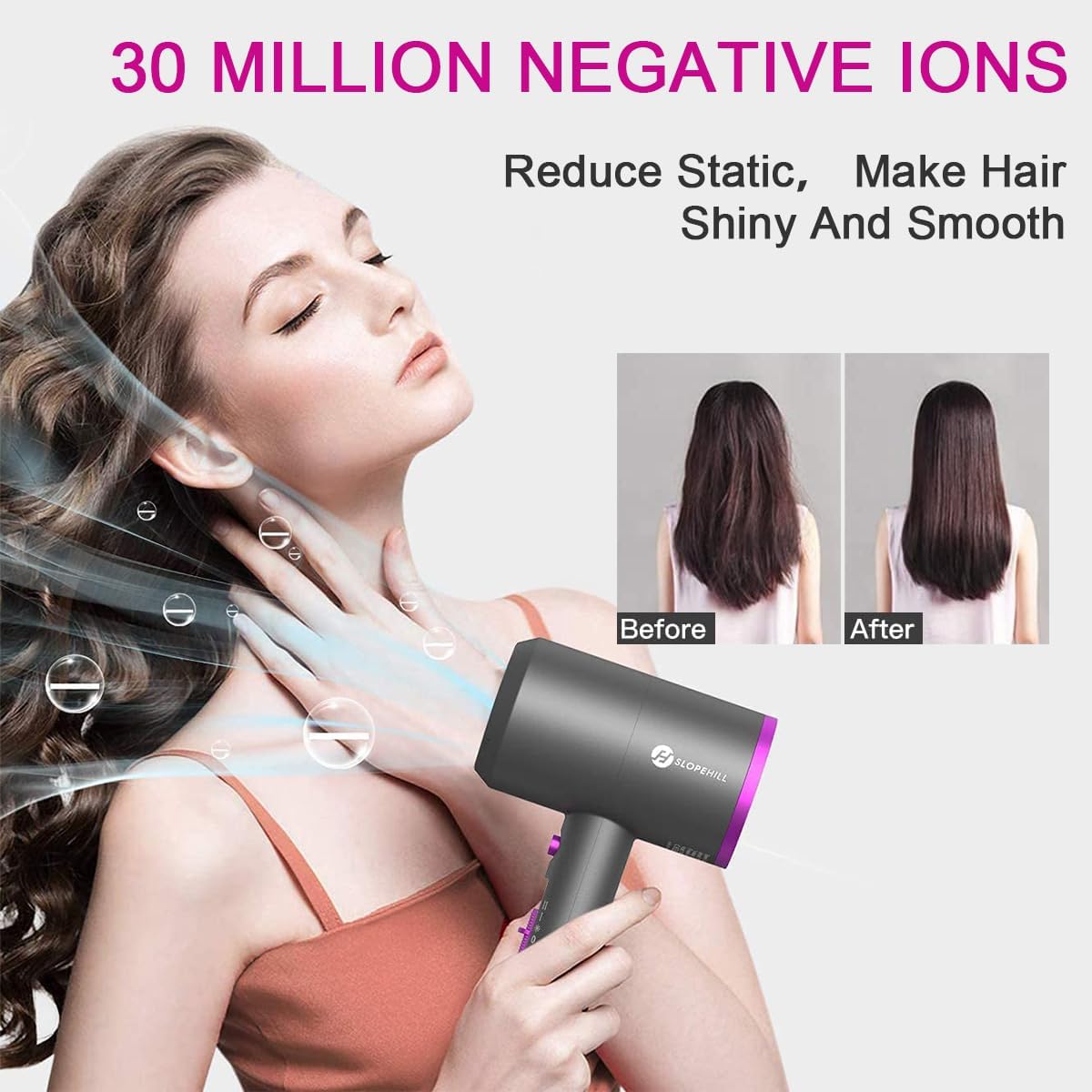 slopehill Professional Ionic Hair Dryer, Powerful 1800W Fast Drying Low Noise Blow Dryer with 2 Concentrator Nozzle 1 Diffuser Attachments for Home Salon Travel image 3