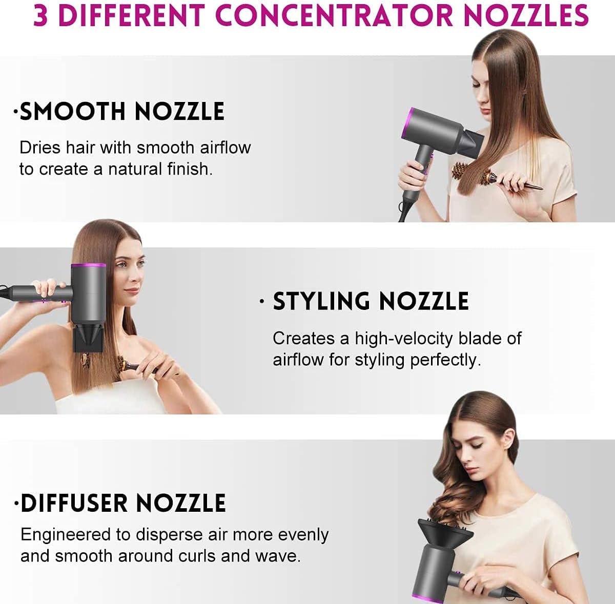slopehill Professional Ionic Hair Dryer, Powerful 1800W Fast Drying Low Noise Blow Dryer with 2 Concentrator Nozzle 1 Diffuser Attachments for Home Salon Travel image 5