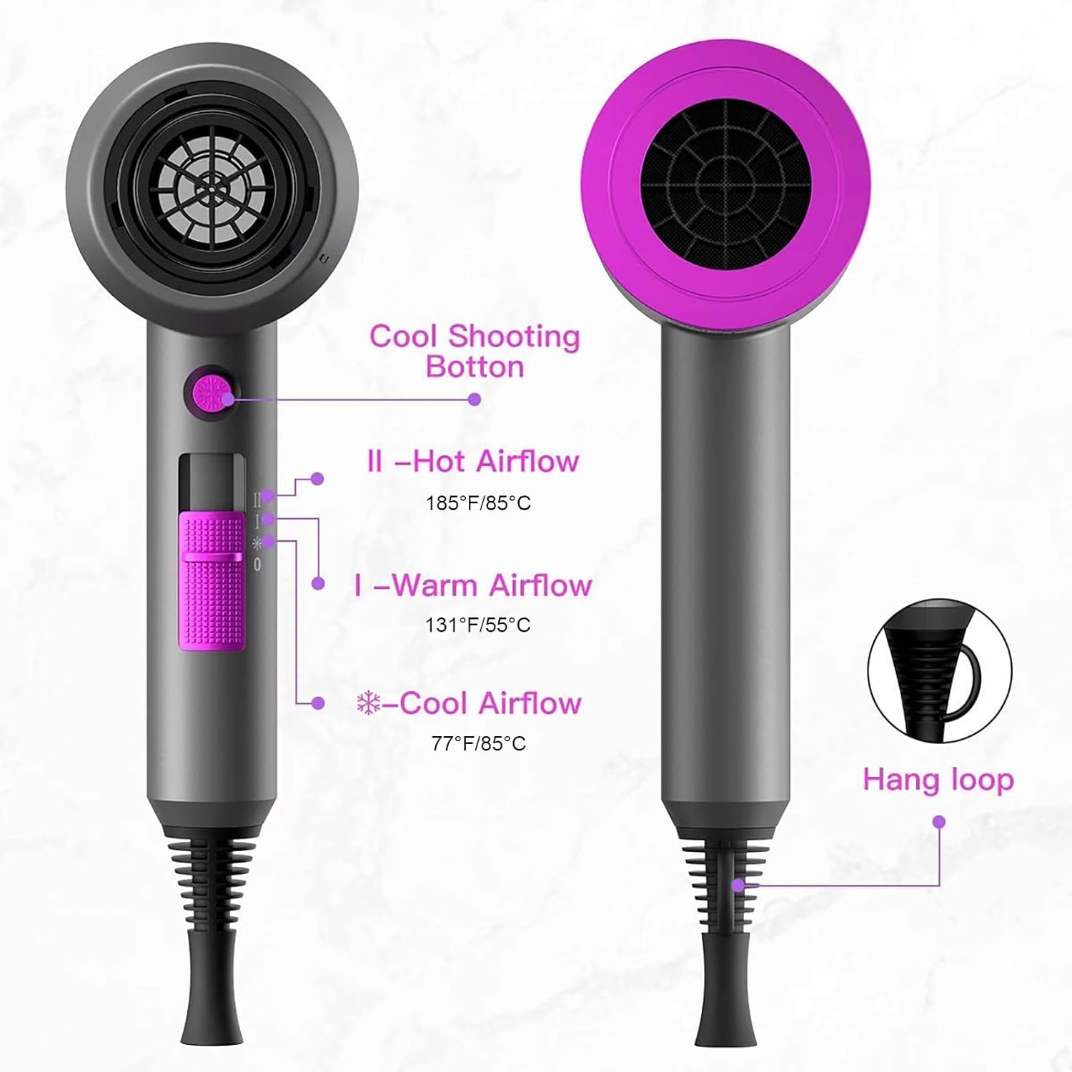 slopehill Professional Ionic Hair Dryer, Powerful 1800W Fast Drying Low Noise Blow Dryer with 2 Concentrator Nozzle 1 Diffuser Attachments for Home Salon Travel image 6