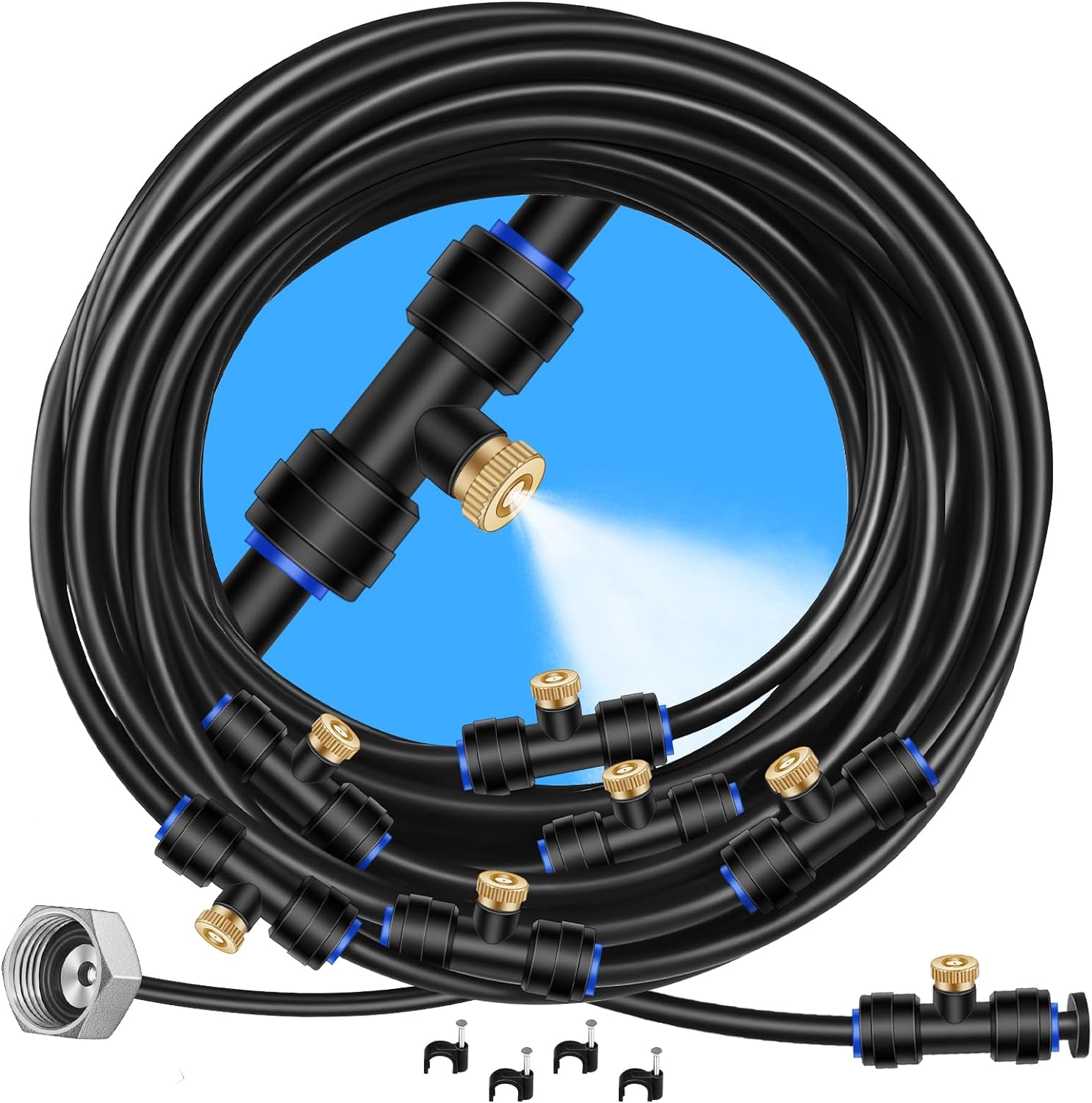GOXAWEE Misting System, 75FT (23M) Misting Line + 28 Brass Mist Nozzles + Brass Adapter(3/4"), Misters for Outside Patio Cooling Outdoor Garden Greenhouse Trampoline for Waterpark image 1