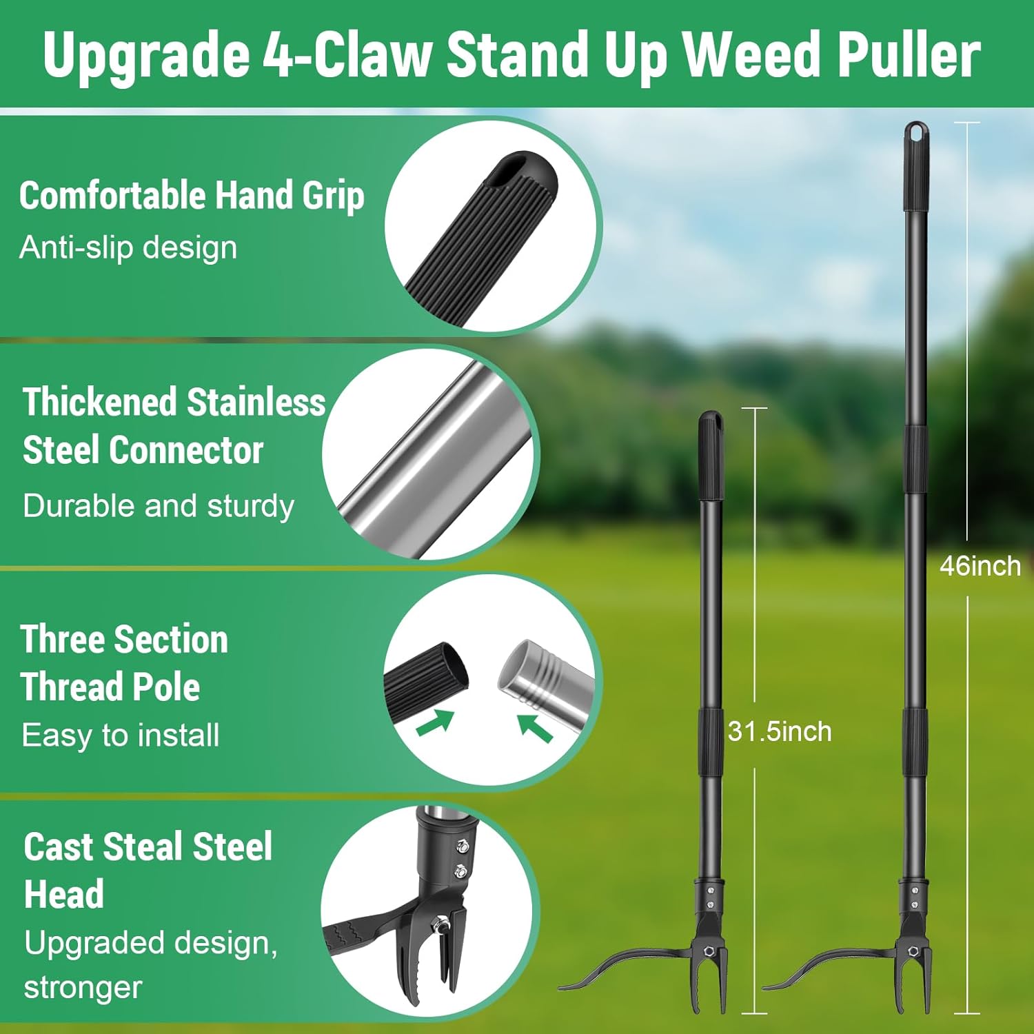 GOXAWEE Weed Puller Tool, 4-Claw Stand Up Weeder with Adjustable 46” Handle for Remove Weeds Without Bending, Pulling or Kneeling (45.5-INCH) image 4