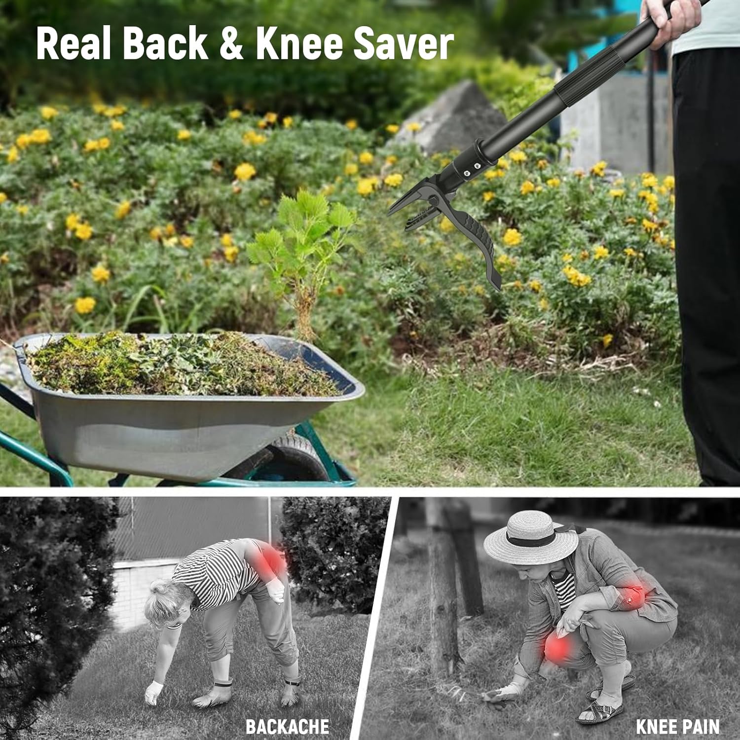 GOXAWEE Weed Puller Tool, 4-Claw Stand Up Weeder with Adjustable 46” Handle for Remove Weeds Without Bending, Pulling or Kneeling (45.5-INCH) image 6