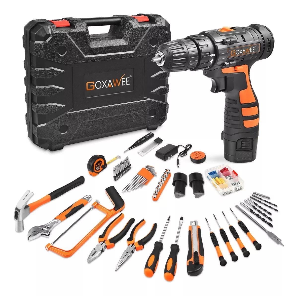 GOXAWEE 112-Piece Tool Set - Tool Kit with 12V Cordless Drill Driver in Storage Case, General Household Drill Set for Home/Auto Repairs, Handyman, DIY Projects image 1