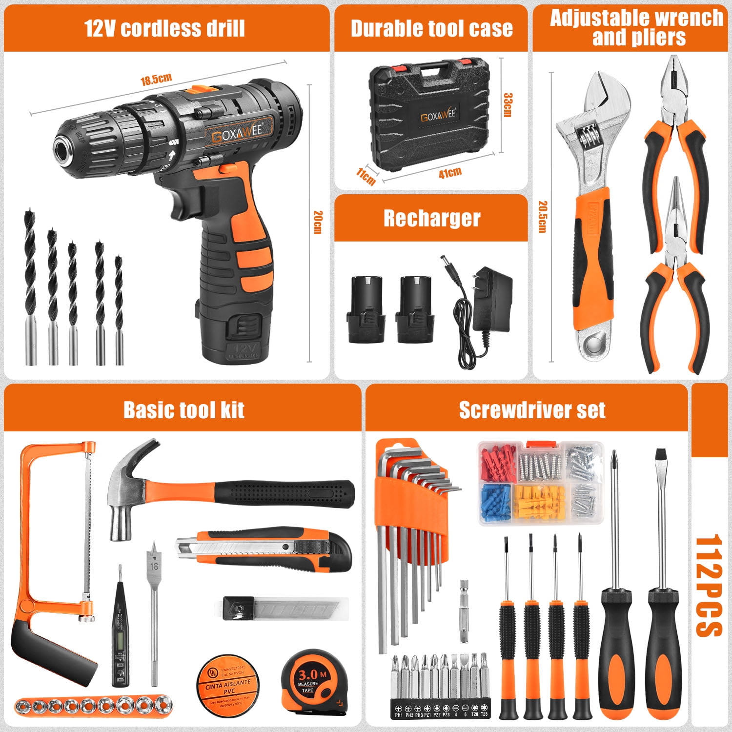 GOXAWEE 112-Piece Tool Set - Tool Kit with 12V Cordless Drill Driver in Storage Case, General Household Drill Set for Home/Auto Repairs, Handyman, DIY Projects image 8