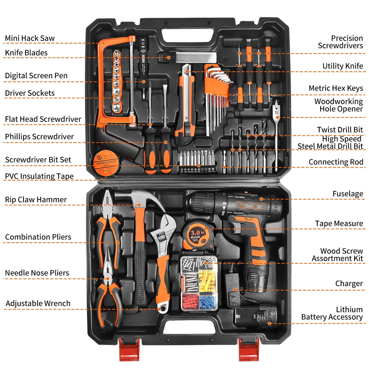 GOXAWEE 112-Piece Tool Set - Tool Kit with 12V Cordless Drill Driver in Storage Case, General Household Drill Set for Home/Auto Repairs, Handyman, DIY Projects image 9