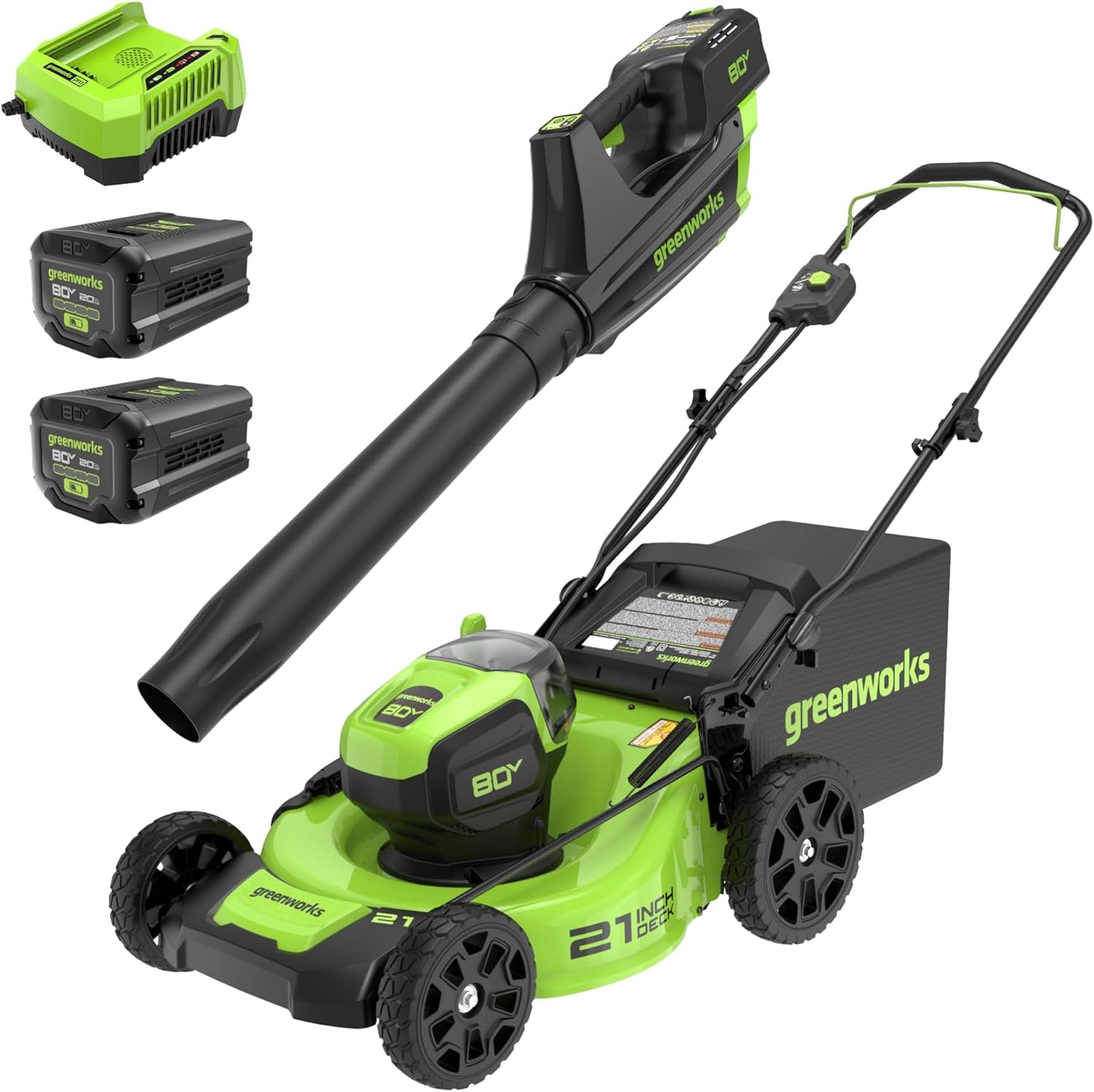 Greenworks 80V 21” Brushless (Push) Cordless Electric Lawn Mower + (500 CFM) Axial Leaf Blower (75+ Compatible Tools), (2) 2.0Ah Batteries and 30 Minute Rapid Charger image 1