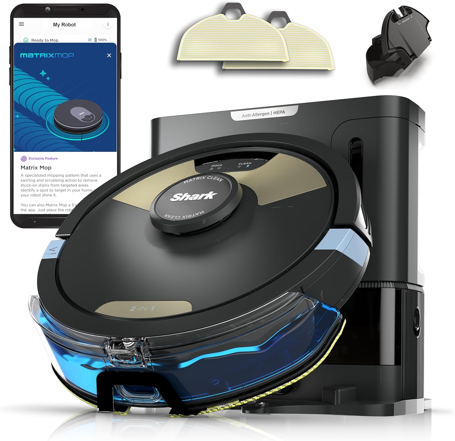Shark Matrix Plus 2in1 Robot Vacuum & Mop with Sonic Mopping, Matrix Clean, Home Mapping, HEPA Bagless Self Empty Base, CleanEdge, for Pet Hair, WiFi, Black/Brass, AV2620WA image 1